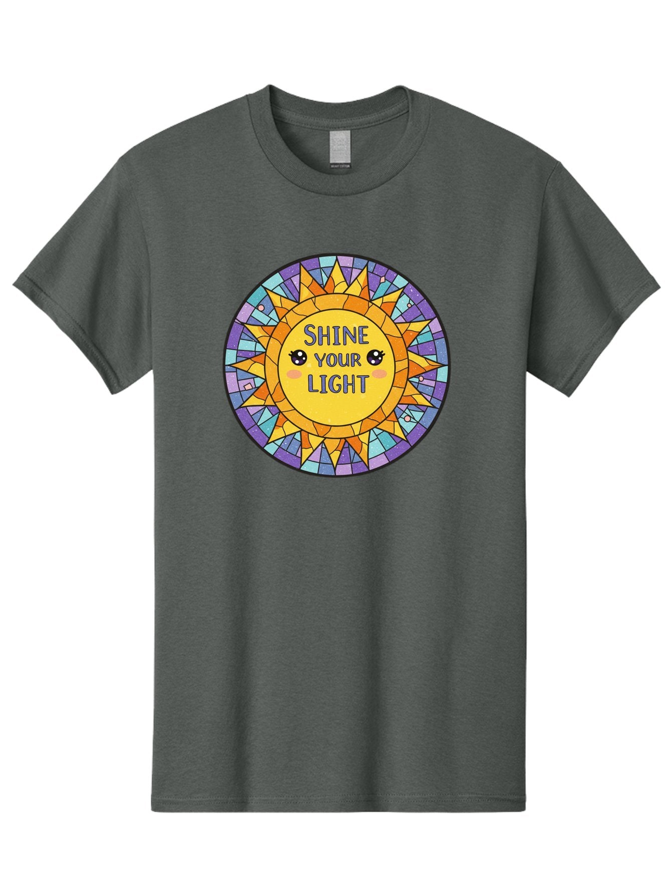 Shine-Your-Light-1 Men'S Graphic Tee, 100% Cotton, Comfortable Casual Summer Wear, Machine Washable, Stained Glass Sun, Inspirational Quote, Motivational Message, Cartoon Sun, Shine Your Light, Positivity, Encouragement, Colorful Graphic, Bae271