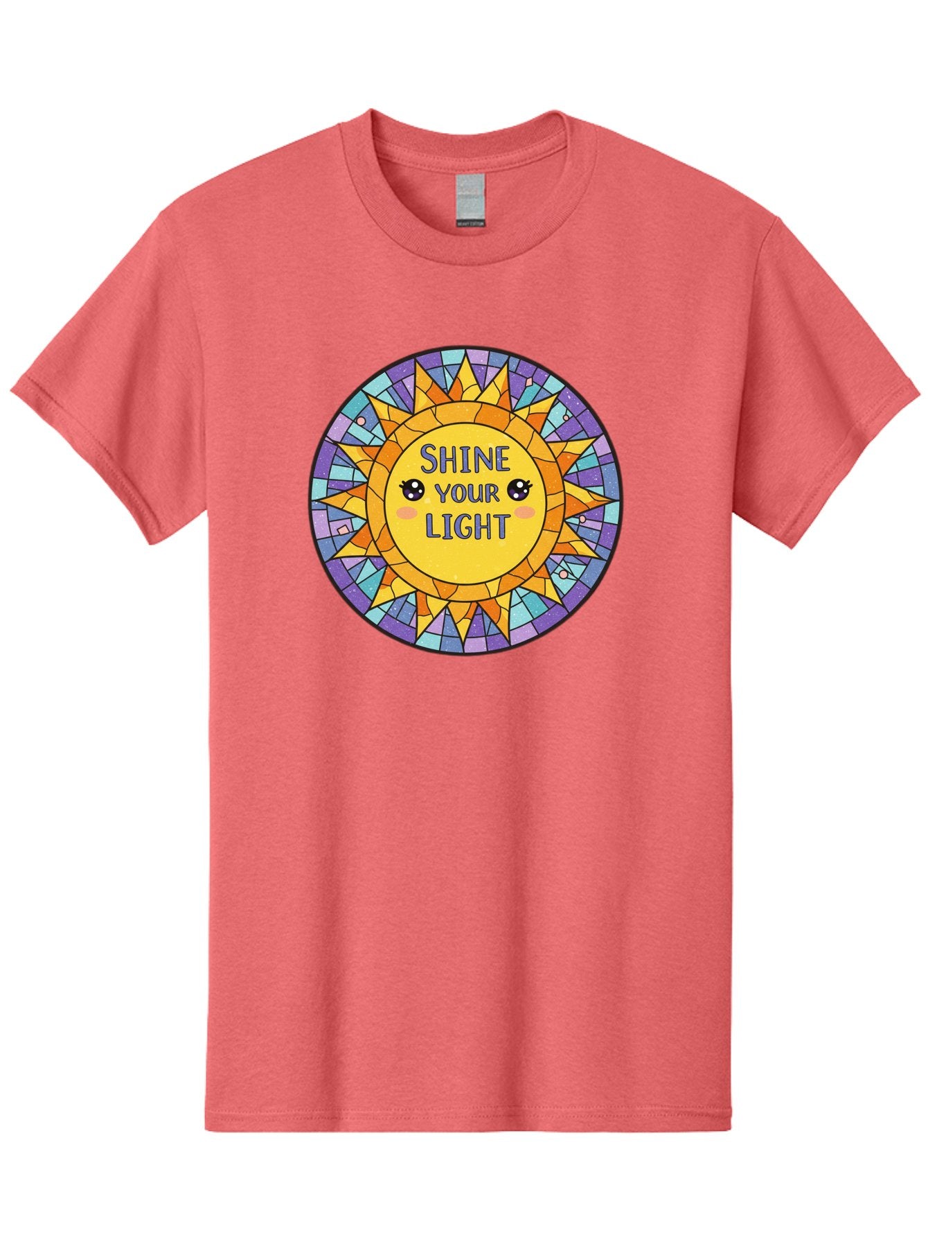Shine-Your-Light-1 Men'S Graphic Tee, 100% Cotton, Comfortable Casual Summer Wear, Machine Washable, Stained Glass Sun, Inspirational Quote, Motivational Message, Cartoon Sun, Shine Your Light, Positivity, Encouragement, Colorful Graphic, Bae271 13
