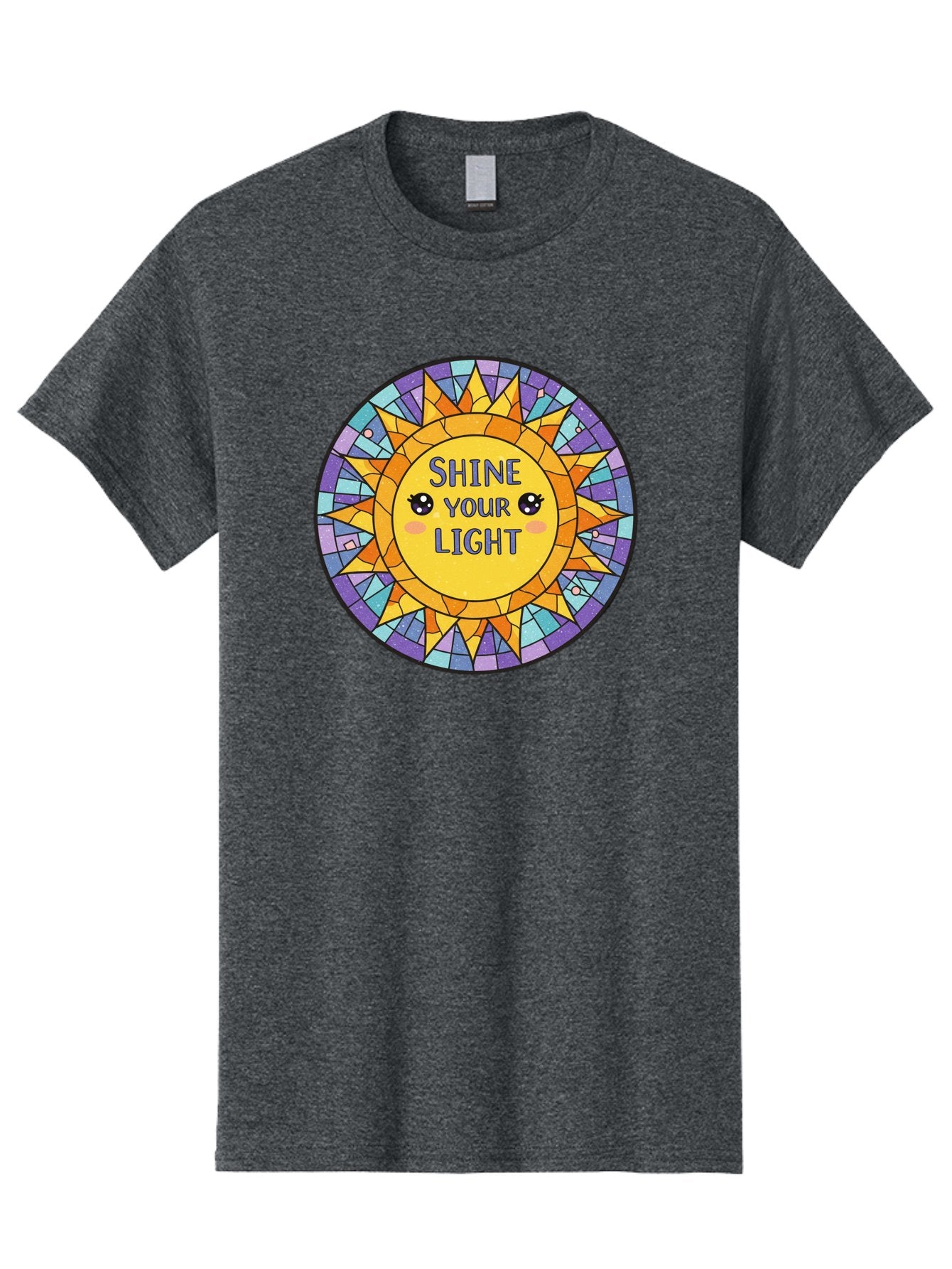 Shine-Your-Light-1 Men'S Graphic Tee, 100% Cotton, Comfortable Casual Summer Wear, Machine Washable, Stained Glass Sun, Inspirational Quote, Motivational Message, Cartoon Sun, Shine Your Light, Positivity, Encouragement, Colorful Graphic, Bae271