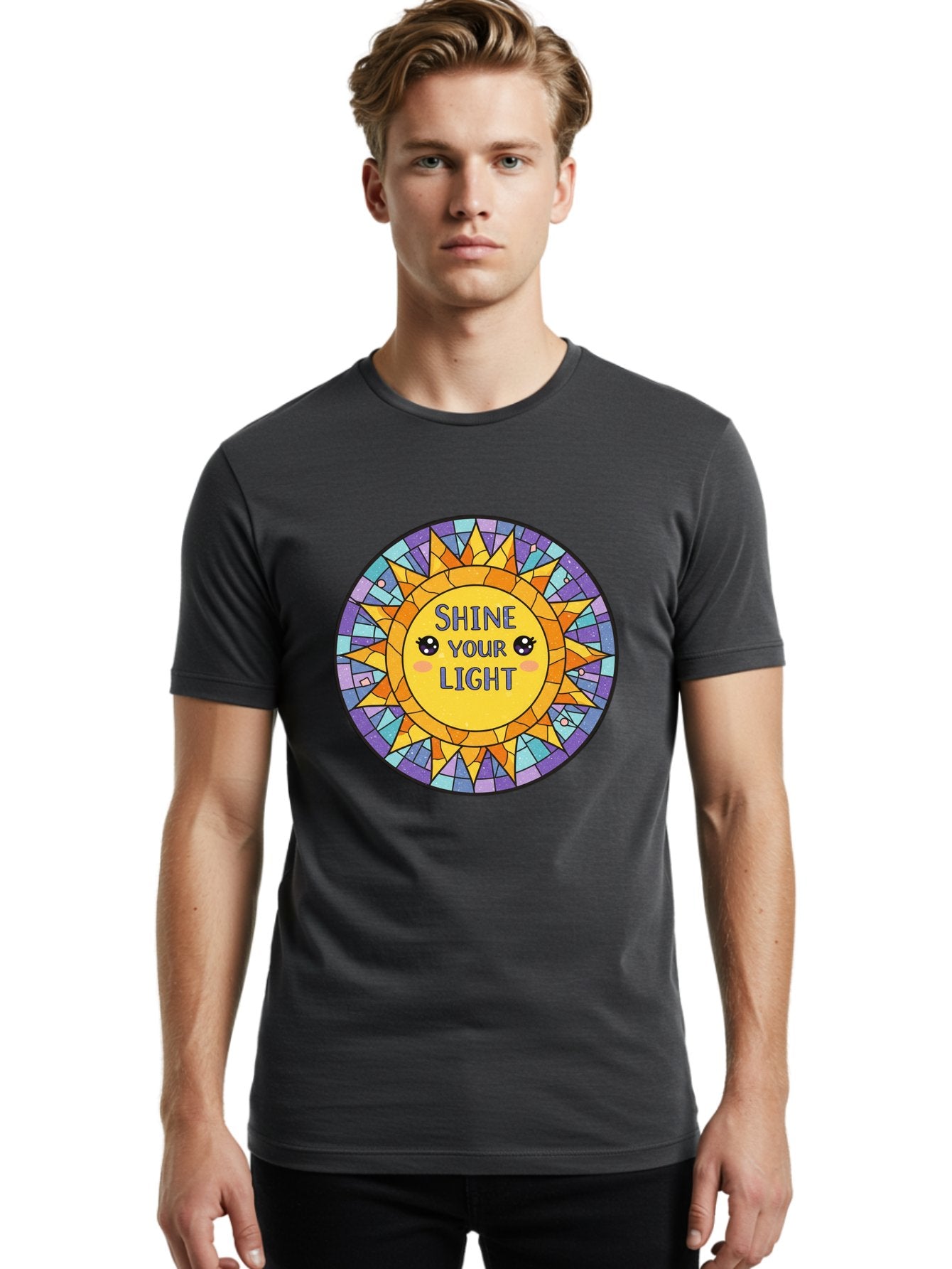 Shine-Your-Light-1 Men'S Graphic Tee, 100% Cotton, Comfortable Casual Summer Wear, Machine Washable, Stained Glass Sun, Inspirational Quote, Motivational Message, Cartoon Sun, Shine Your Light, Positivity, Encouragement, Colorful Graphic, Bae271 19