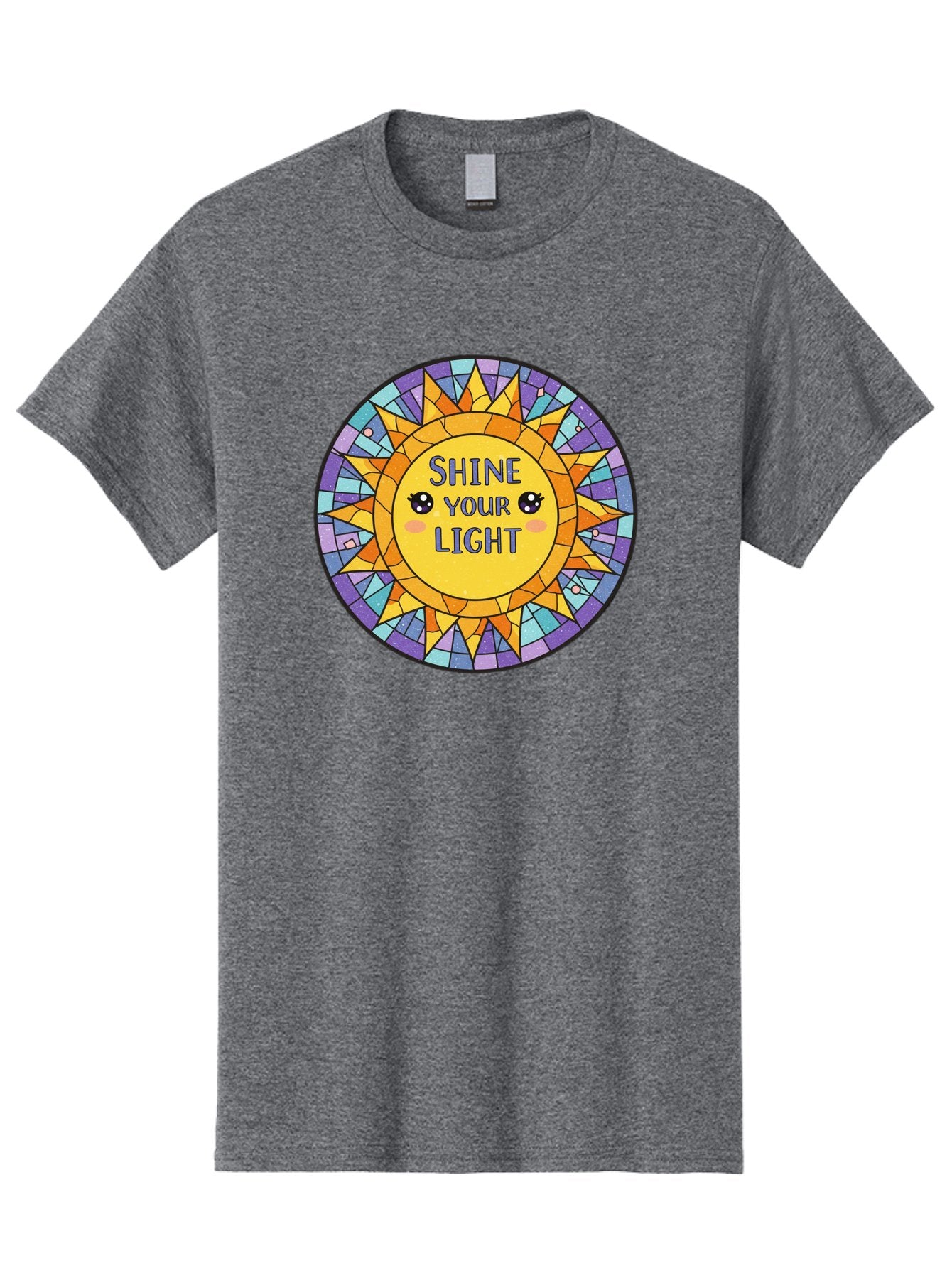 Shine-Your-Light-1 Men'S Graphic Tee, 100% Cotton, Comfortable Casual Summer Wear, Machine Washable, Stained Glass Sun, Inspirational Quote, Motivational Message, Cartoon Sun, Shine Your Light, Positivity, Encouragement, Colorful Graphic, Bae271 9