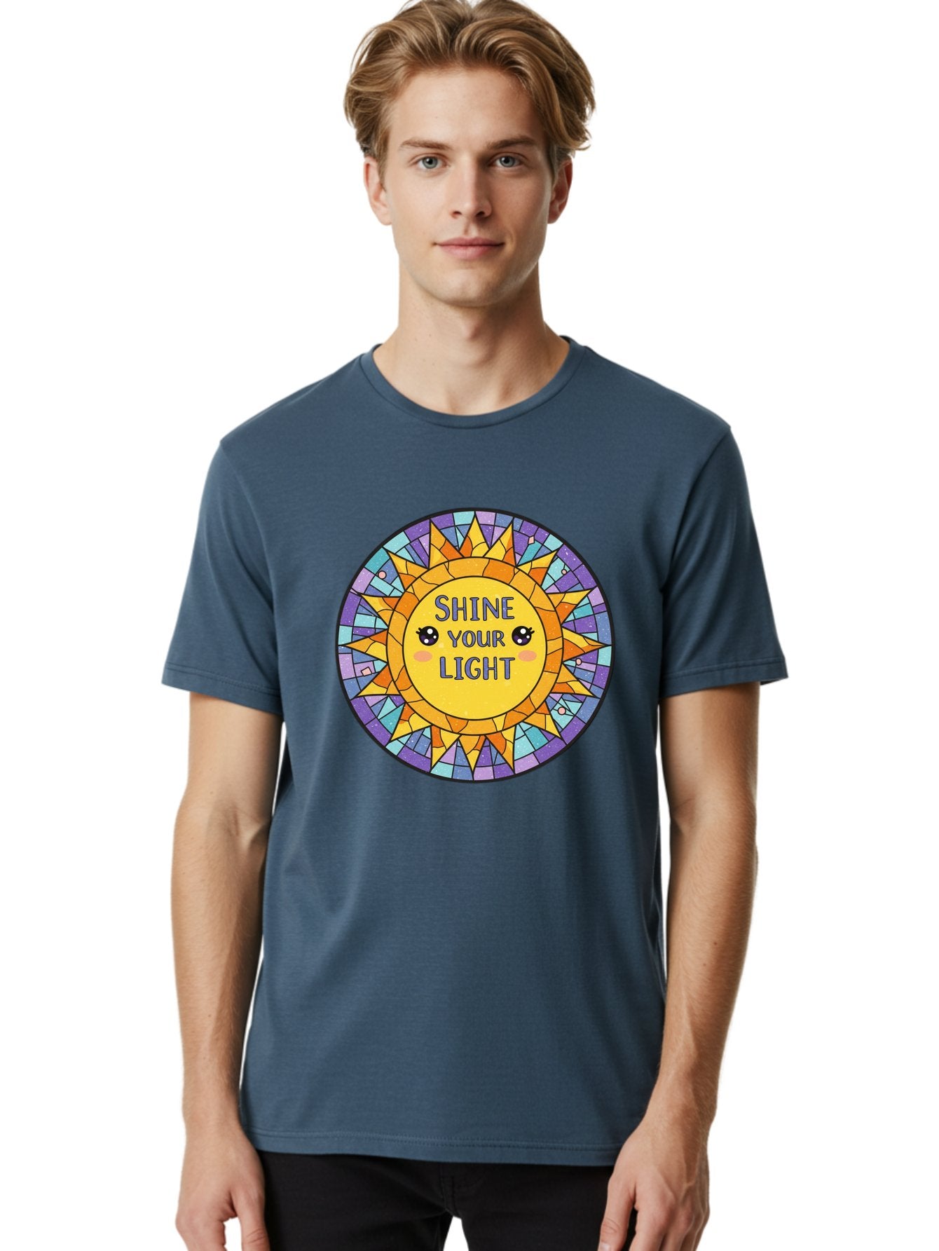 Shine-Your-Light-1 Men'S Graphic Tee, 100% Cotton, Comfortable Casual Summer Wear, Machine Washable, Stained Glass Sun, Inspirational Quote, Motivational Message, Cartoon Sun, Shine Your Light, Positivity, Encouragement, Colorful Graphic, Bae271 18