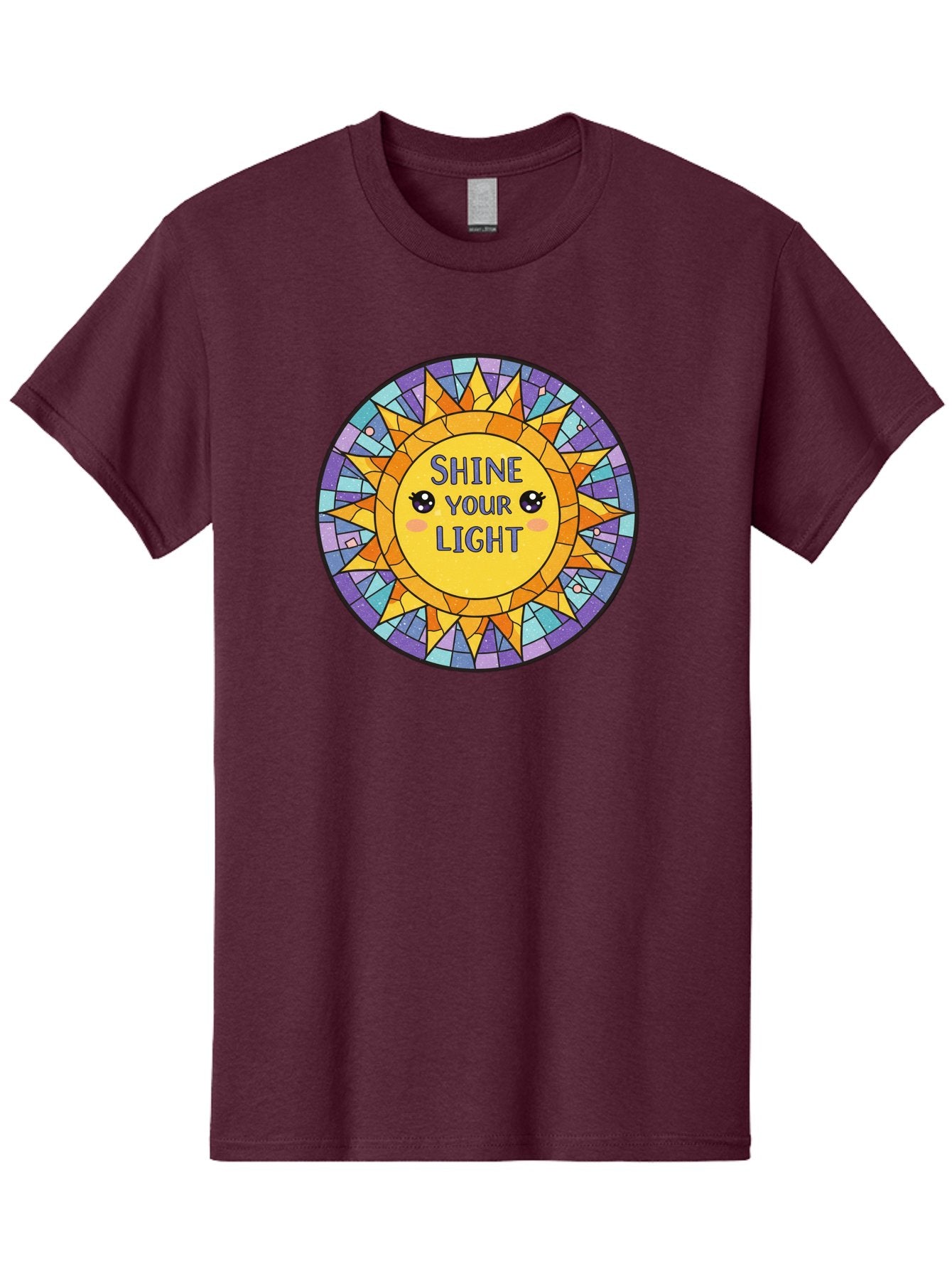 Shine-Your-Light-1 Men'S Graphic Tee, 100% Cotton, Comfortable Casual Summer Wear, Machine Washable, Stained Glass Sun, Inspirational Quote, Motivational Message, Cartoon Sun, Shine Your Light, Positivity, Encouragement, Colorful Graphic, Bae271 10