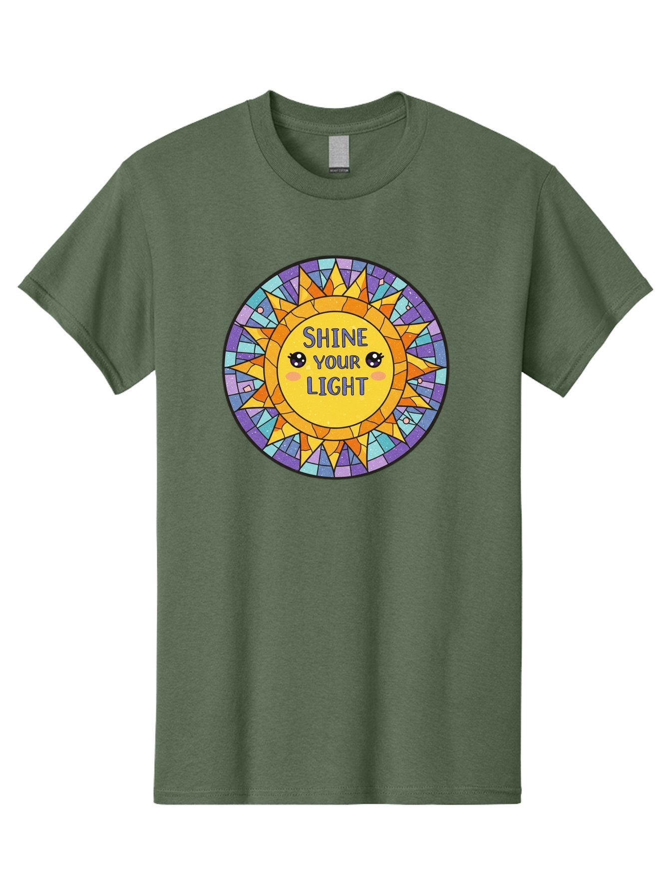 Shine-Your-Light-1 Men'S Graphic Tee, 100% Cotton, Comfortable Casual Summer Wear, Machine Washable, Stained Glass Sun, Inspirational Quote, Motivational Message, Cartoon Sun, Shine Your Light, Positivity, Encouragement, Colorful Graphic, Bae271 11
