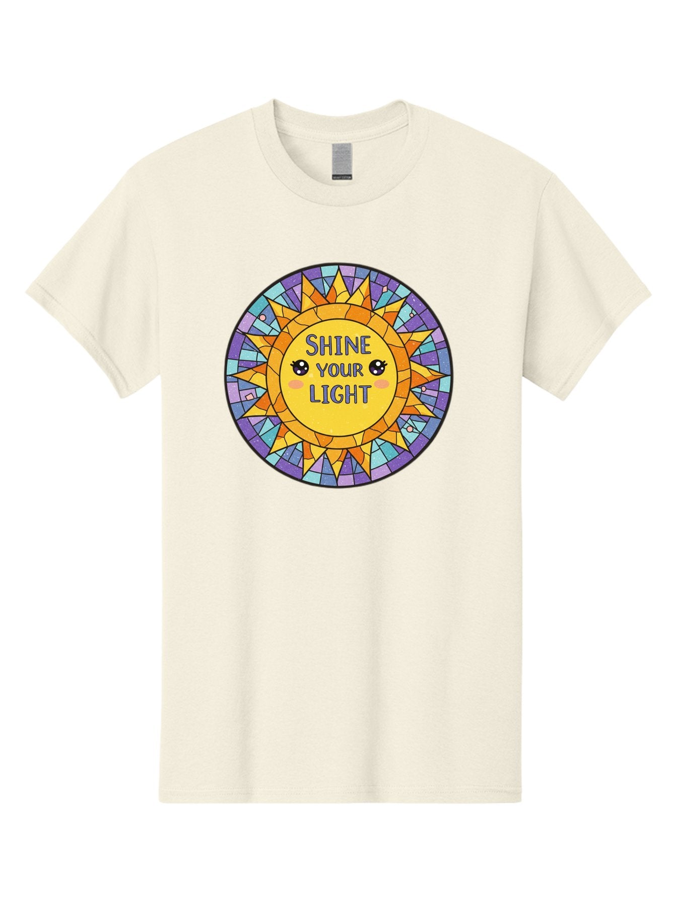 Shine-Your-Light-1 Men'S Graphic Tee, 100% Cotton, Comfortable Casual Summer Wear, Machine Washable, Stained Glass Sun, Inspirational Quote, Motivational Message, Cartoon Sun, Shine Your Light, Positivity, Encouragement, Colorful Graphic, Bae271 12