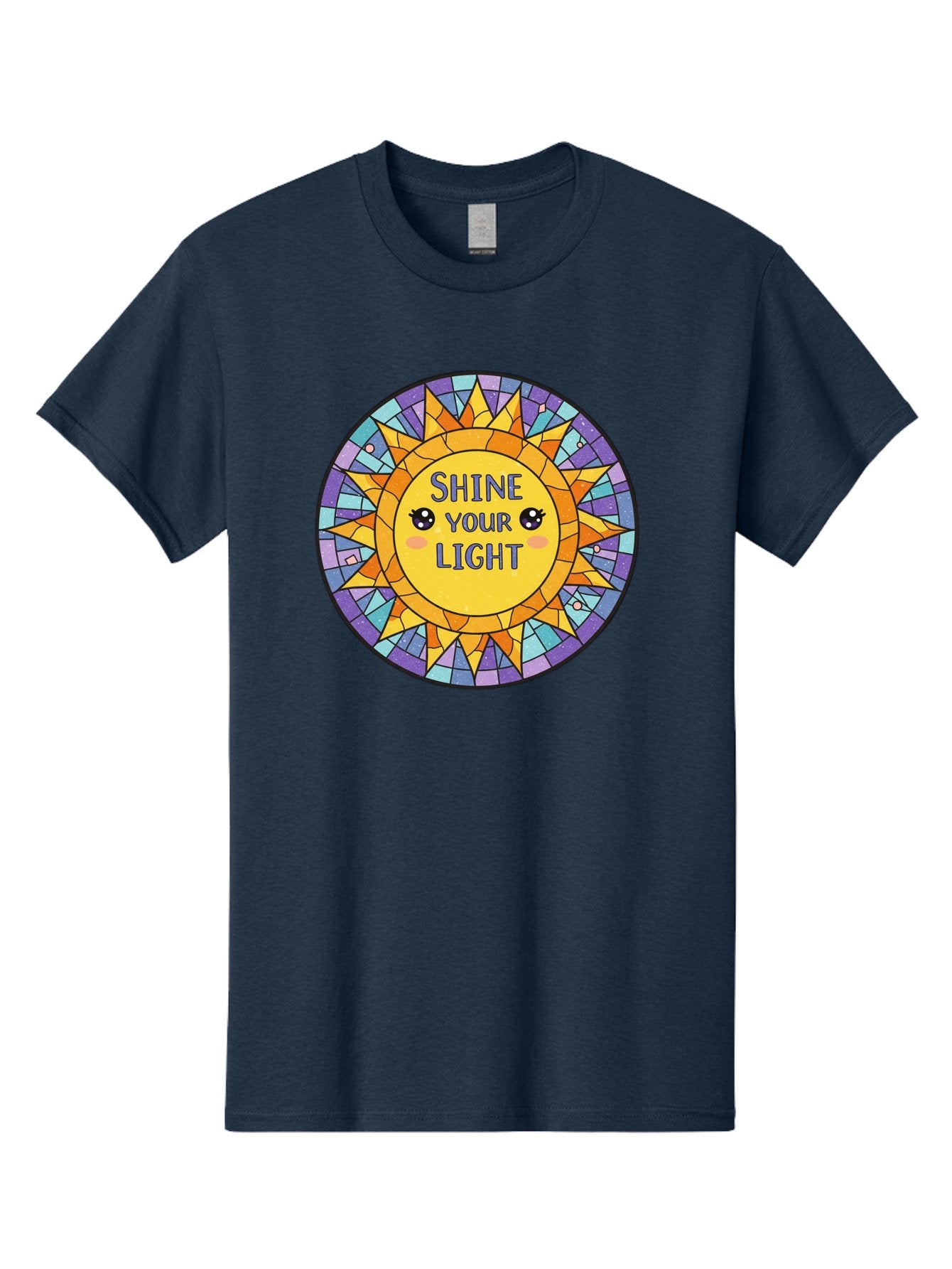 Shine-Your-Light-1 Men'S Graphic Tee, 100% Cotton, Comfortable Casual Summer Wear, Machine Washable, Stained Glass Sun, Inspirational Quote, Motivational Message, Cartoon Sun, Shine Your Light, Positivity, Encouragement, Colorful Graphic, Bae271 6