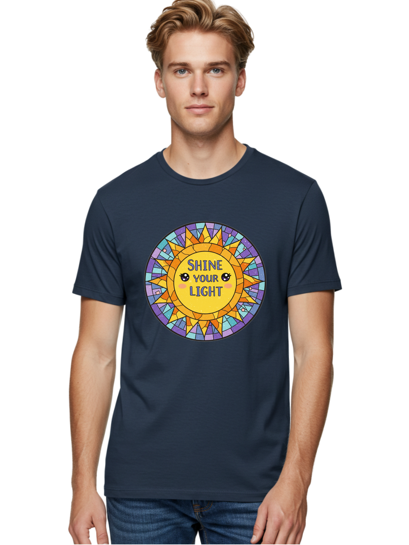 Shine-Your-Light-1 Men'S Graphic Tee, 100% Cotton, Comfortable Casual Summer Wear, Machine Washable, Stained Glass Sun, Inspirational Quote, Motivational Message, Cartoon Sun, Shine Your Light, Positivity, Encouragement, Colorful Graphic, Bae271 22