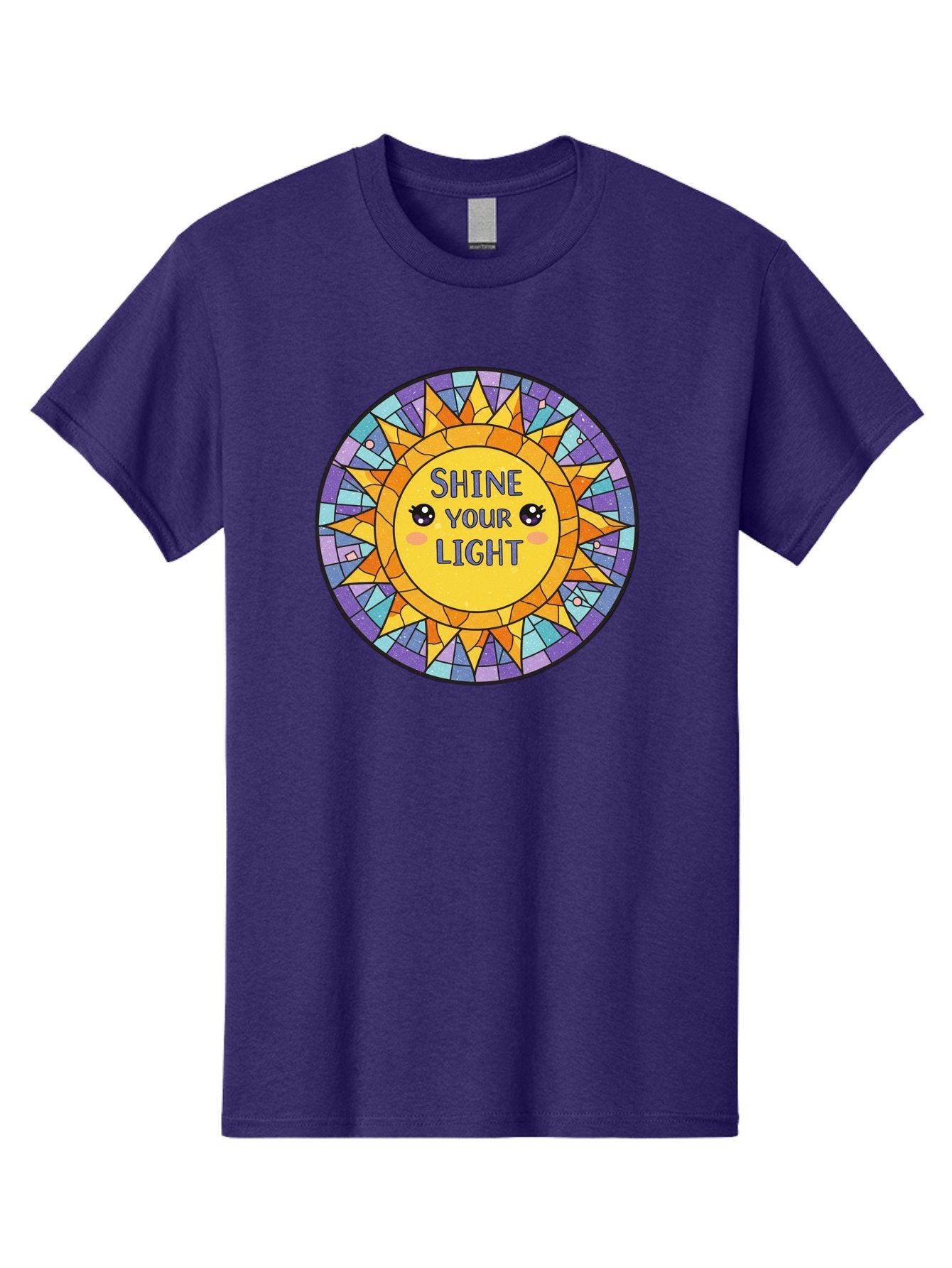 Shine-Your-Light-1 Men'S Graphic Tee, 100% Cotton, Comfortable Casual Summer Wear, Machine Washable, Stained Glass Sun, Inspirational Quote, Motivational Message, Cartoon Sun, Shine Your Light, Positivity, Encouragement, Colorful Graphic, Bae271 8
