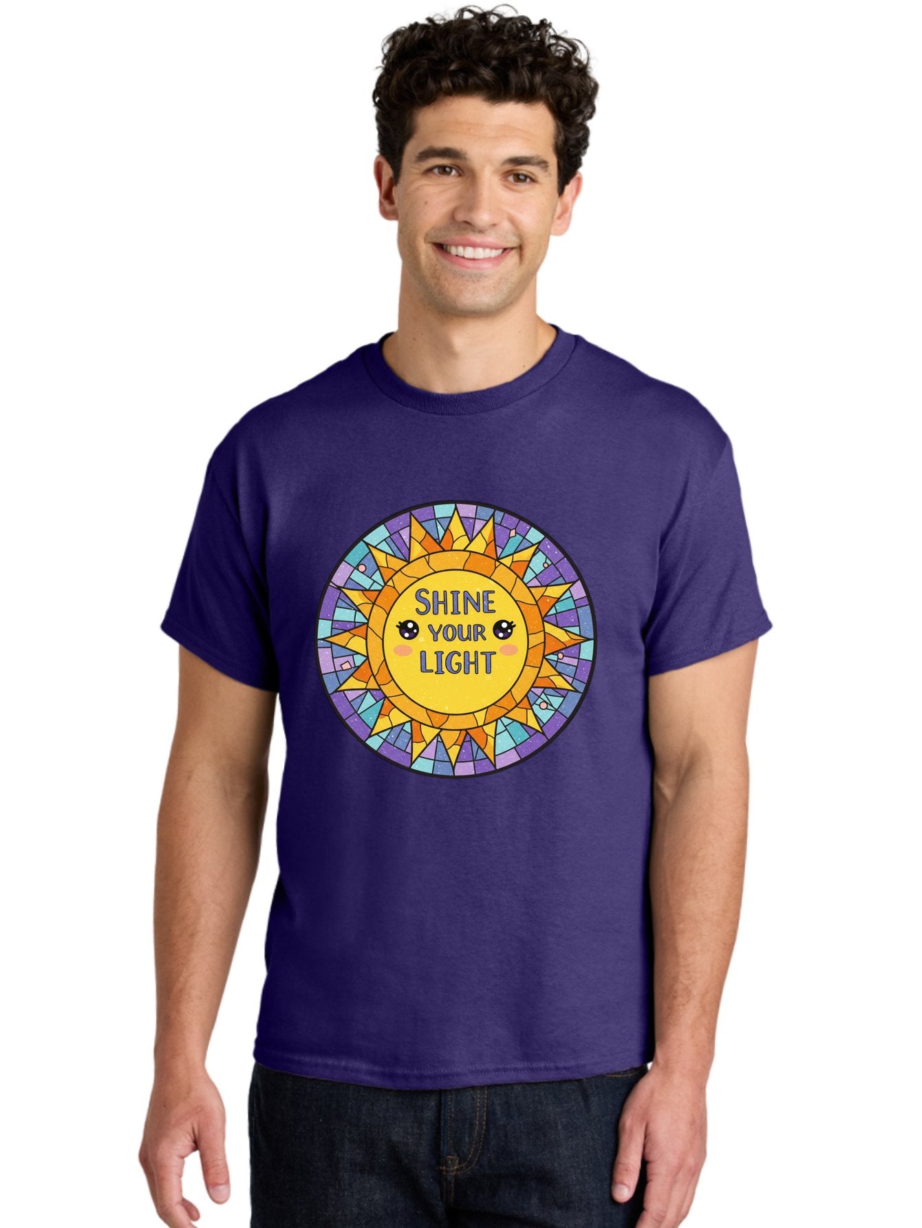 Shine-Your-Light-1 Men'S Graphic Tee, 100% Cotton, Comfortable Casual Summer Wear, Machine Washable, Stained Glass Sun, Inspirational Quote, Motivational Message, Cartoon Sun, Shine Your Light, Positivity, Encouragement, Colorful Graphic, Bae271 25