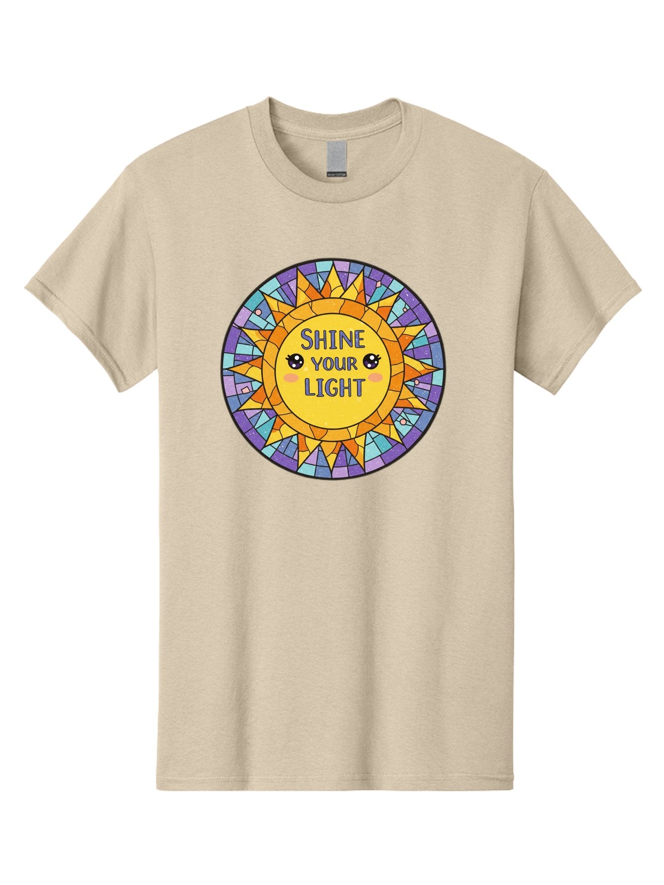 Shine-Your-Light-1 Men'S Graphic Tee, 100% Cotton, Comfortable Casual Summer Wear, Machine Washable, Stained Glass Sun, Inspirational Quote, Motivational Message, Cartoon Sun, Shine Your Light, Positivity, Encouragement, Colorful Graphic, Bae271 3