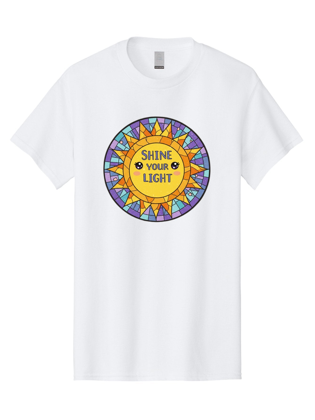Shine-Your-Light-1 Men'S Graphic Tee, 100% Cotton, Comfortable Casual Summer Wear, Machine Washable, Stained Glass Sun, Inspirational Quote, Motivational Message, Cartoon Sun, Shine Your Light, Positivity, Encouragement, Colorful Graphic, Bae271 5