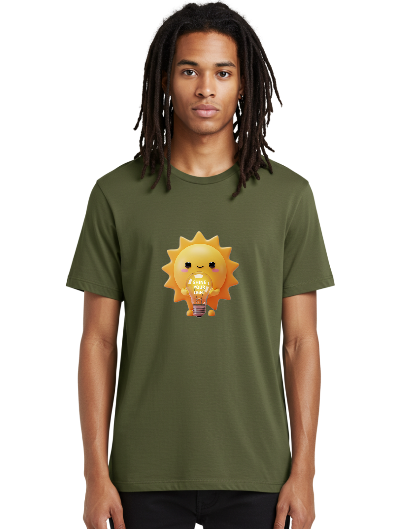 Shine-Your-Light-2 Men'S Graphic Tee, 100% Cotton, Comfortable Casual Summer Wear, Machine Washable, Smiling Sun Character, Holding Lightbulb, Positive Affirmation, Inspirational Quote, Cute Cartoon Design, Shine Your Light, Creative Idea, Bae272 16