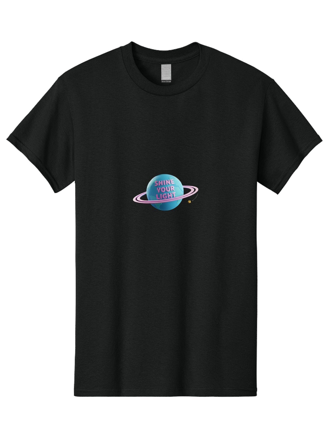Shine-Your-Light-3 Men'S Graphic Tee, 100% Cotton, Comfortable Casual Summer Wear, Machine Washable, Blue Planet, Pink Ring, Shiny, Motivational Quote, Inspiring Words, Neon Light, Space Scene, Celestial Body, Shine Your Light Bae273 14