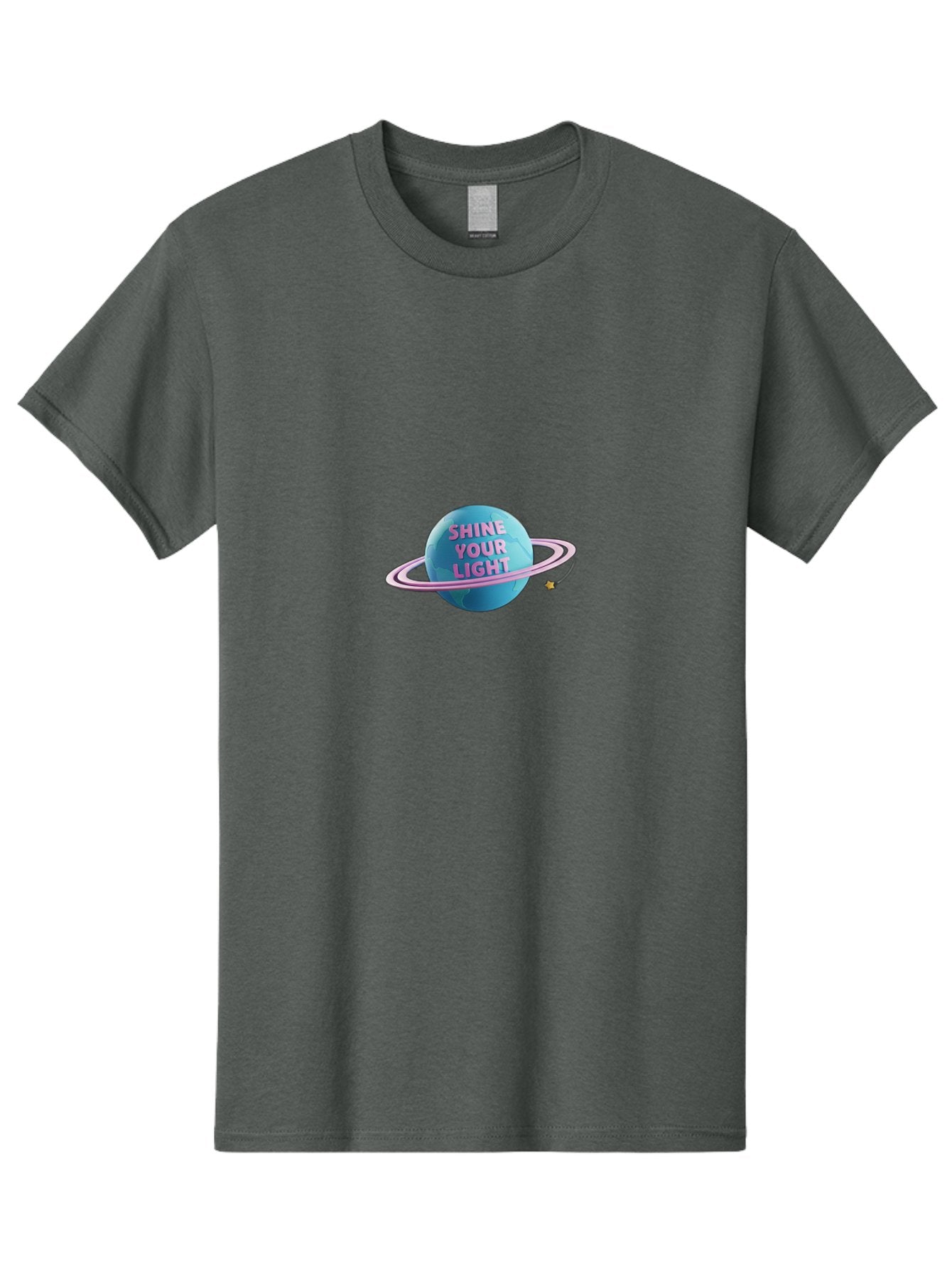 Shine-Your-Light-3 Men'S Graphic Tee, 100% Cotton, Comfortable Casual Summer Wear, Machine Washable, Blue Planet, Pink Ring, Shiny, Motivational Quote, Inspiring Words, Neon Light, Space Scene, Celestial Body, Shine Your Light Bae273 13