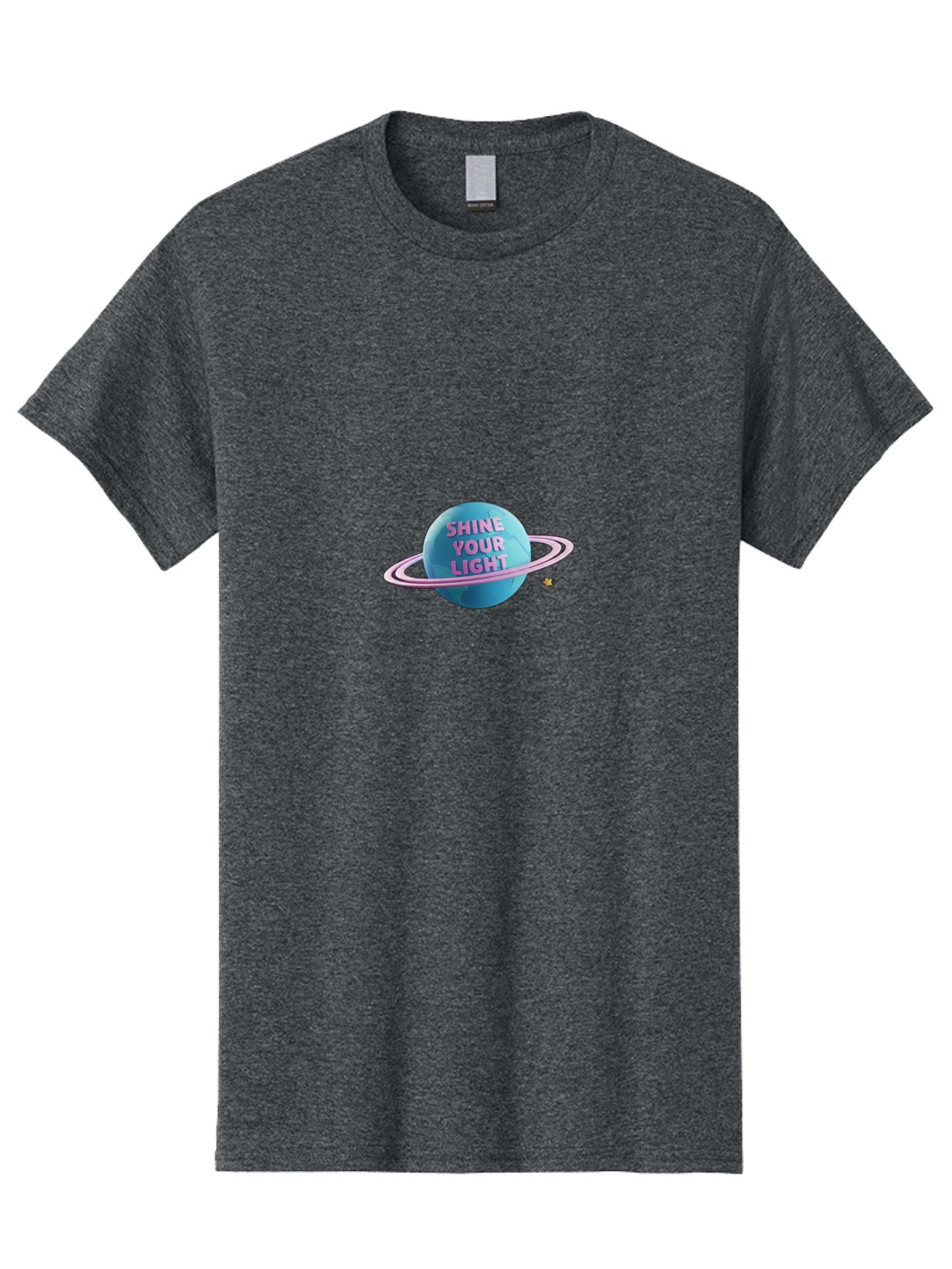 Shine-Your-Light-3 Men'S Graphic Tee, 100% Cotton, Comfortable Casual Summer Wear, Machine Washable, Blue Planet, Pink Ring, Shiny, Motivational Quote, Inspiring Words, Neon Light, Space Scene, Celestial Body, Shine Your Light Bae273