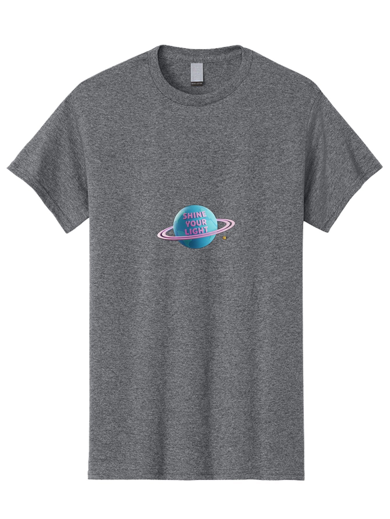 Shine-Your-Light-3 Men'S Graphic Tee, 100% Cotton, Comfortable Casual Summer Wear, Machine Washable, Blue Planet, Pink Ring, Shiny, Motivational Quote, Inspiring Words, Neon Light, Space Scene, Celestial Body, Shine Your Light Bae273 15
