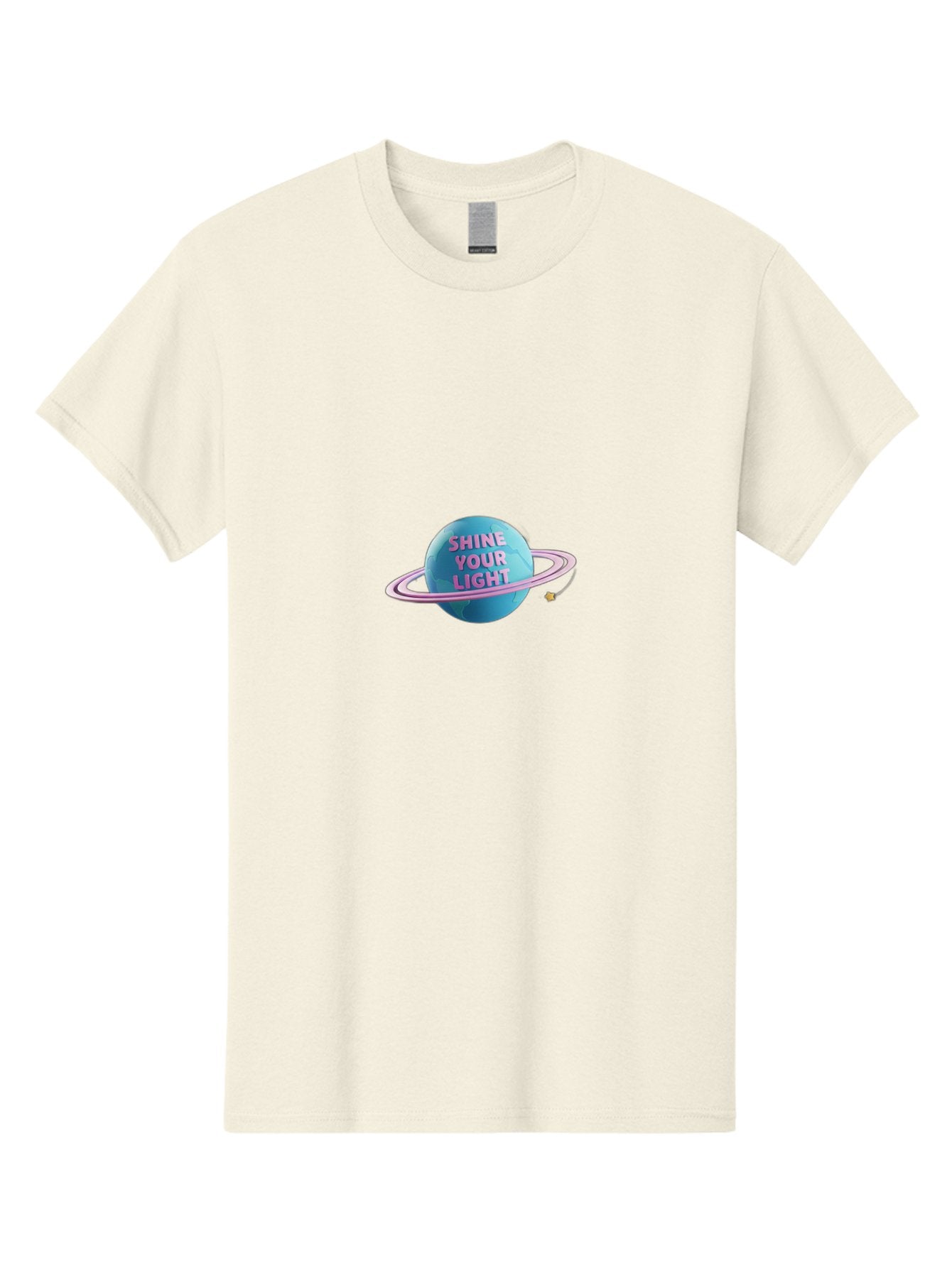 Shine-Your-Light-3 Men'S Graphic Tee, 100% Cotton, Comfortable Casual Summer Wear, Machine Washable, Blue Planet, Pink Ring, Shiny, Motivational Quote, Inspiring Words, Neon Light, Space Scene, Celestial Body, Shine Your Light Bae273 5