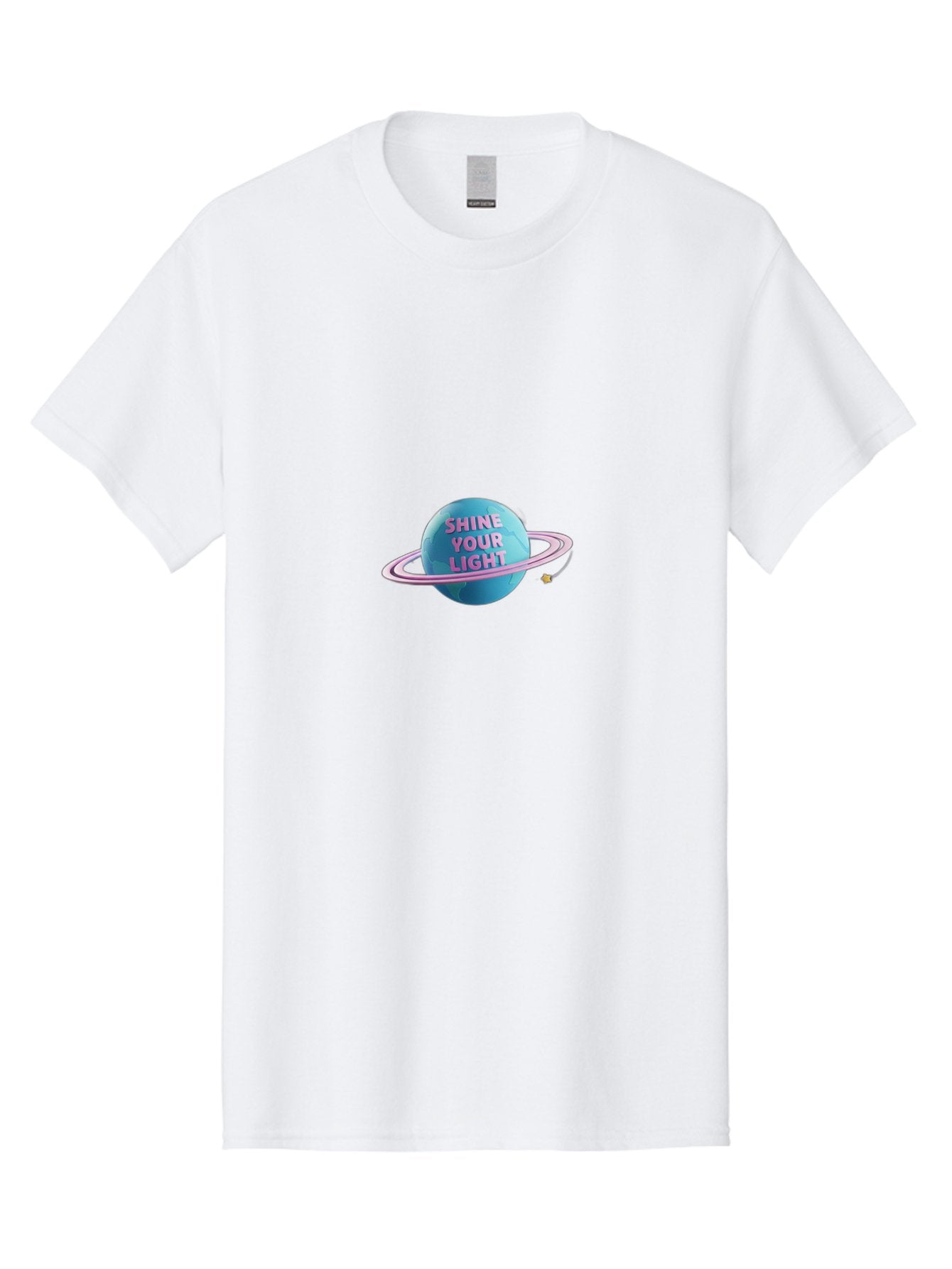 Shine-Your-Light-3 Men'S Graphic Tee, 100% Cotton, Comfortable Casual Summer Wear, Machine Washable, Blue Planet, Pink Ring, Shiny, Motivational Quote, Inspiring Words, Neon Light, Space Scene, Celestial Body, Shine Your Light Bae273 9