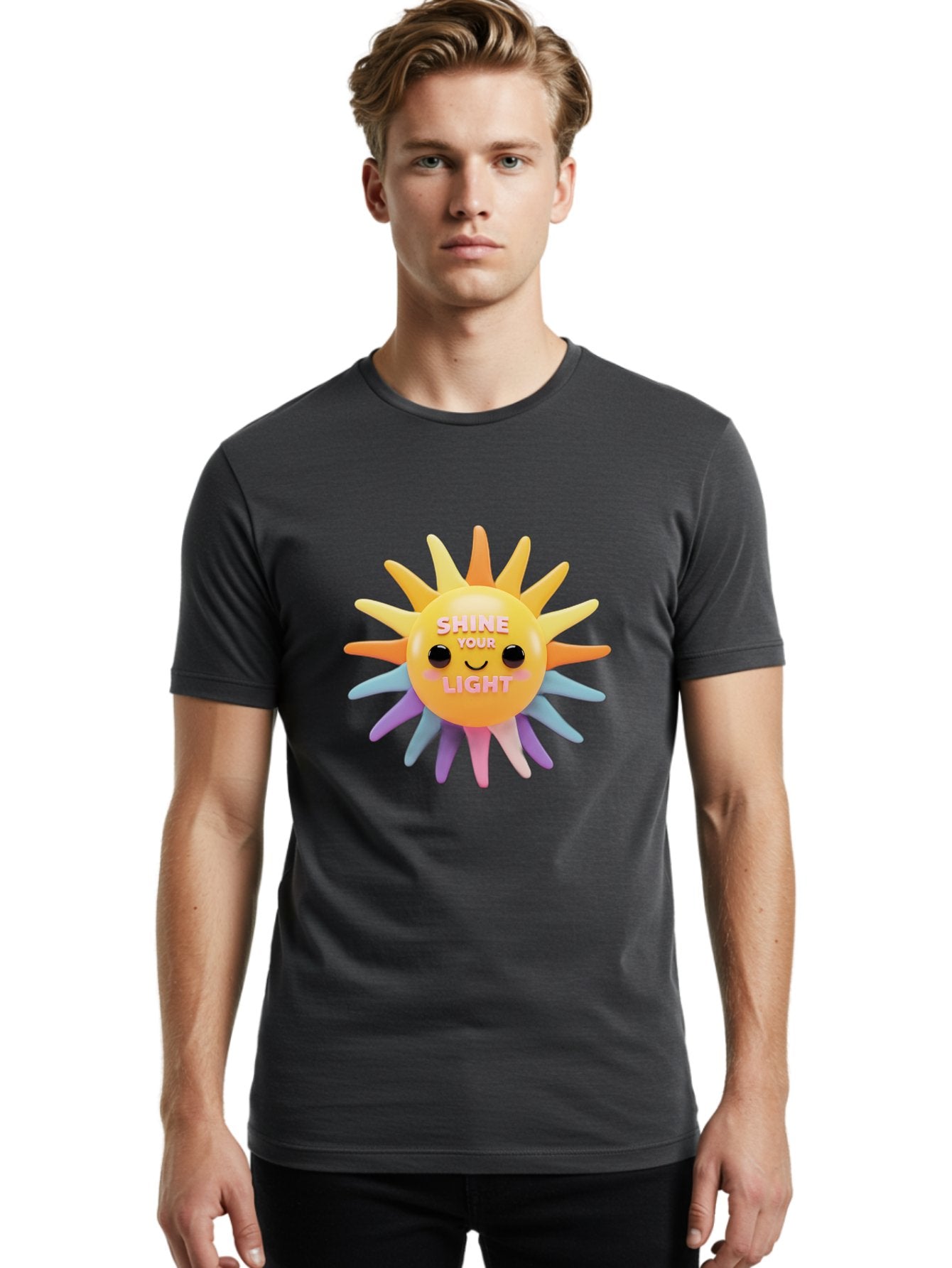 Shine-Your-Light Men'S Graphic Tee, 100% Cotton, Comfortable Casual Summer Wear, Machine Washable, Smiling Sun, Inspirational Quote, Multicolored Rays, Pink Text, Motivational Message, Happy Face, Pastel Colors, Positive Vibes Bae275 18