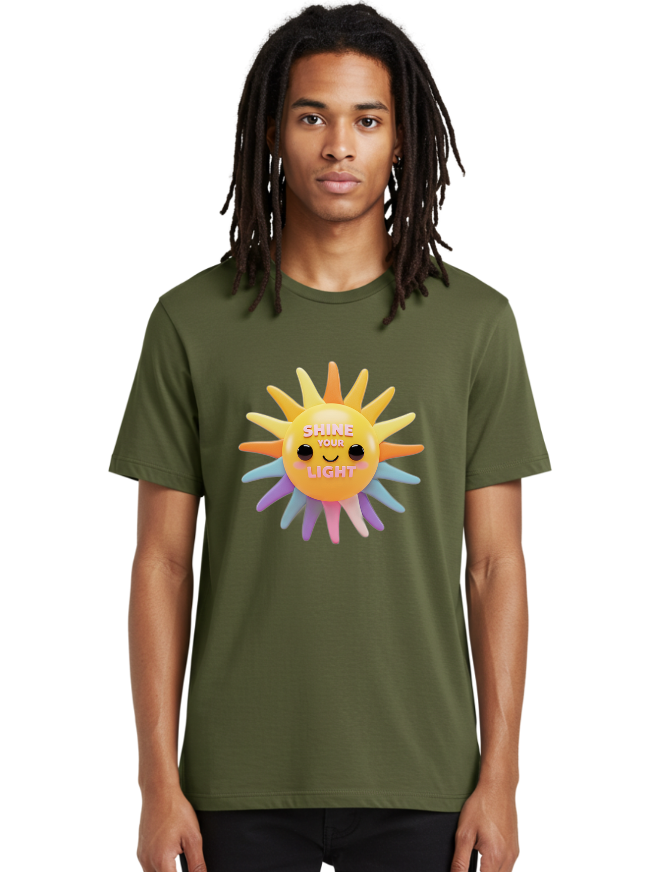 Shine-Your-Light Men'S Graphic Tee, 100% Cotton, Comfortable Casual Summer Wear, Machine Washable, Smiling Sun, Inspirational Quote, Multicolored Rays, Pink Text, Motivational Message, Happy Face, Pastel Colors, Positive Vibes Bae275 24