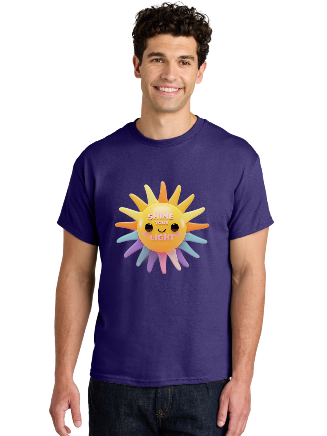 Shine-Your-Light Men'S Graphic Tee, 100% Cotton, Comfortable Casual Summer Wear, Machine Washable, Smiling Sun, Inspirational Quote, Multicolored Rays, Pink Text, Motivational Message, Happy Face, Pastel Colors, Positive Vibes Bae275 19