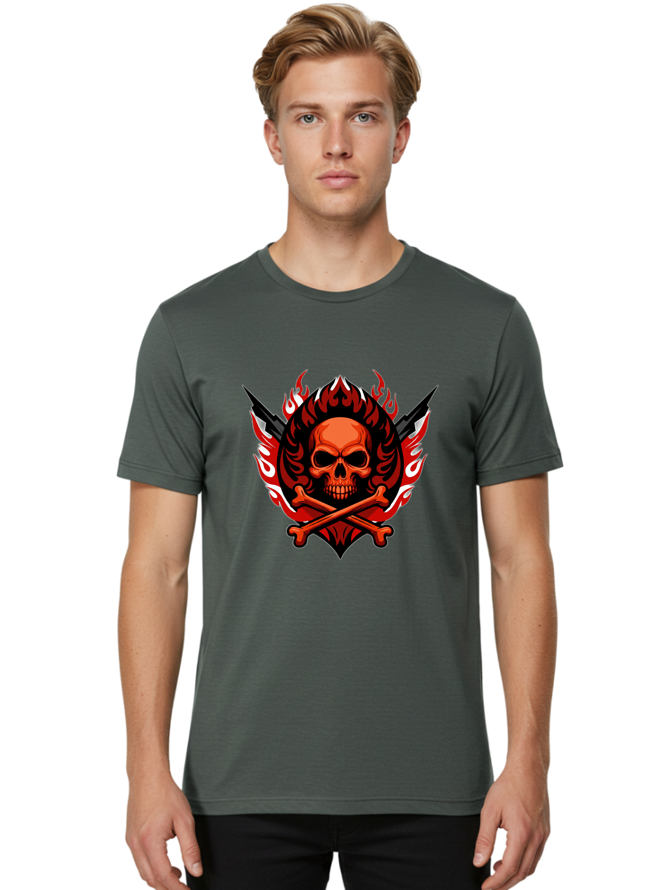 Skull-And-Crossbones-Jolly-Roger Men'S Graphic Tee, 100% Cotton, Comfortable Casual Summer Wear, Machine Washable, Skull And Crossbones, Fiery Design, Daggers, Skull Art, Crossbones Symbol, Bold Graphics, Edgy Style, Gothic Elements Bae277 25