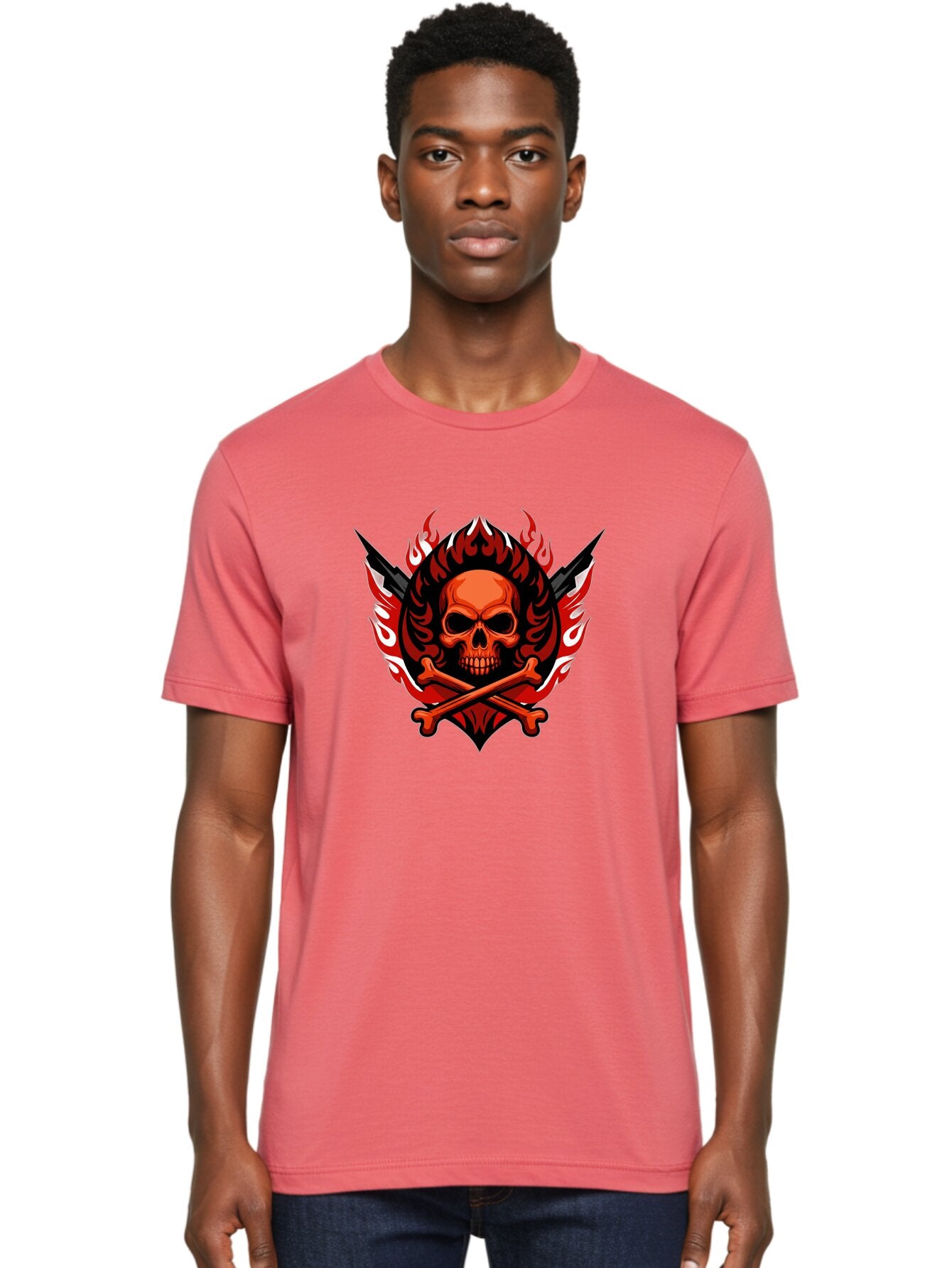 Skull-And-Crossbones-Jolly-Roger Men'S Graphic Tee, 100% Cotton, Comfortable Casual Summer Wear, Machine Washable, Skull And Crossbones, Fiery Design, Daggers, Skull Art, Crossbones Symbol, Bold Graphics, Edgy Style, Gothic Elements Bae277 19