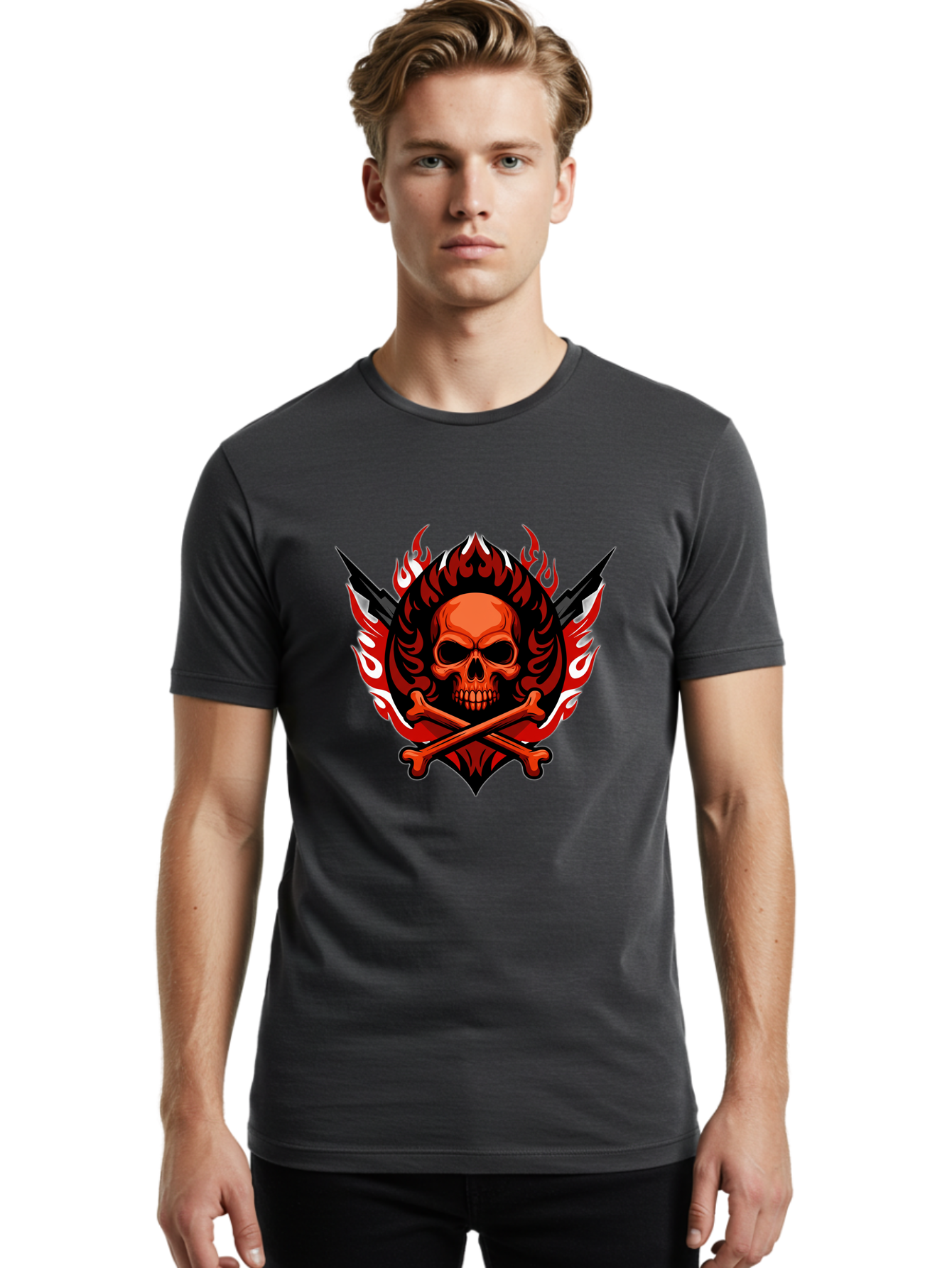 Skull-And-Crossbones-Jolly-Roger Men'S Graphic Tee, 100% Cotton, Comfortable Casual Summer Wear, Machine Washable, Skull And Crossbones, Fiery Design, Daggers, Skull Art, Crossbones Symbol, Bold Graphics, Edgy Style, Gothic Elements Bae277 19