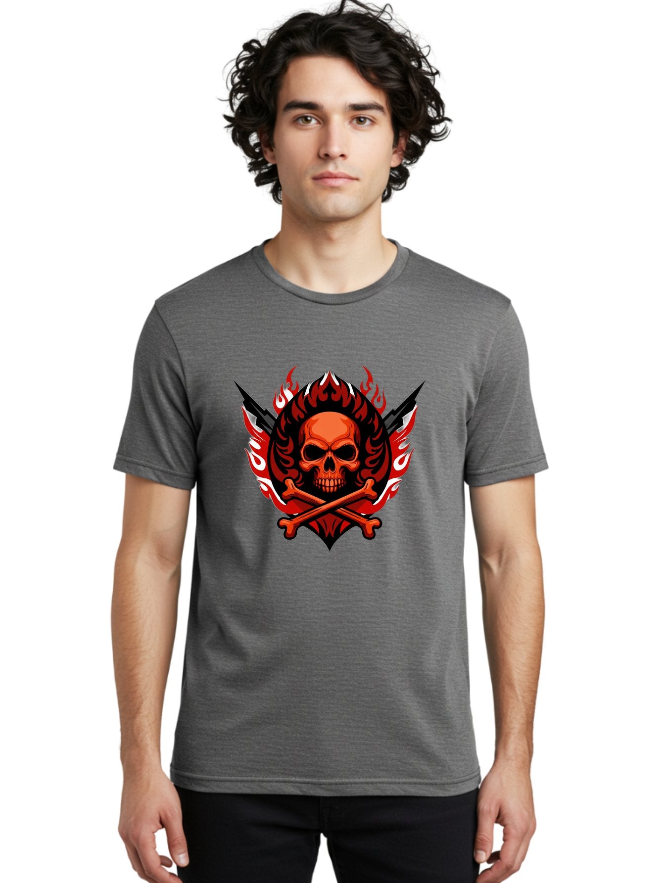 Skull-And-Crossbones-Jolly-Roger Men'S Graphic Tee, 100% Cotton, Comfortable Casual Summer Wear, Machine Washable, Skull And Crossbones, Fiery Design, Daggers, Skull Art, Crossbones Symbol, Bold Graphics, Edgy Style, Gothic Elements Bae277 16