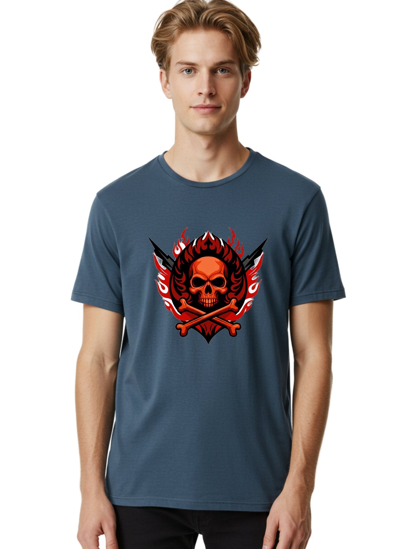 Skull-And-Crossbones-Jolly-Roger Men'S Graphic Tee, 100% Cotton, Comfortable Casual Summer Wear, Machine Washable, Skull And Crossbones, Fiery Design, Daggers, Skull Art, Crossbones Symbol, Bold Graphics, Edgy Style, Gothic Elements Bae277 28