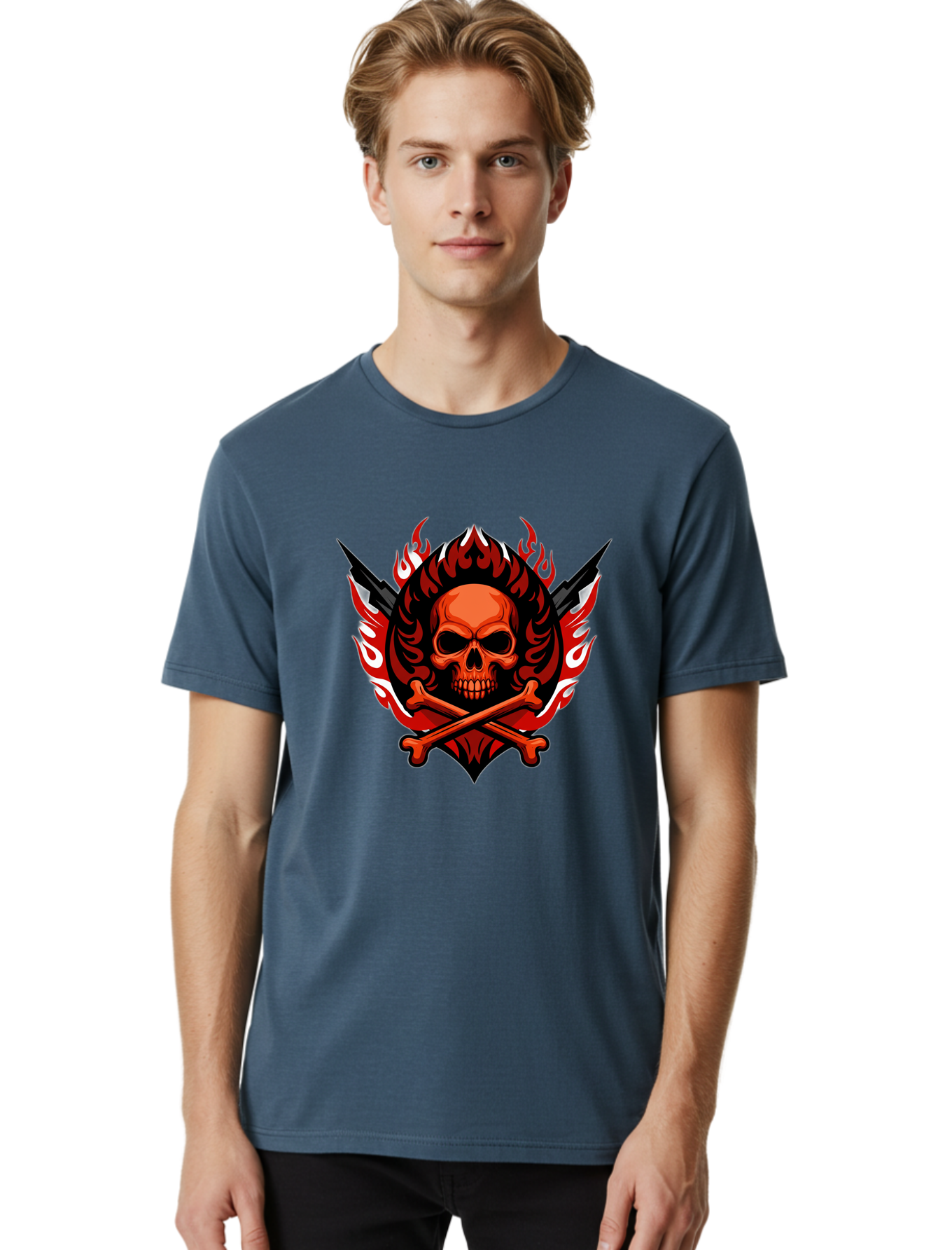 Skull-And-Crossbones-Jolly-Roger Men'S Graphic Tee, 100% Cotton, Comfortable Casual Summer Wear, Machine Washable, Skull And Crossbones, Fiery Design, Daggers, Skull Art, Crossbones Symbol, Bold Graphics, Edgy Style, Gothic Elements Bae277 18