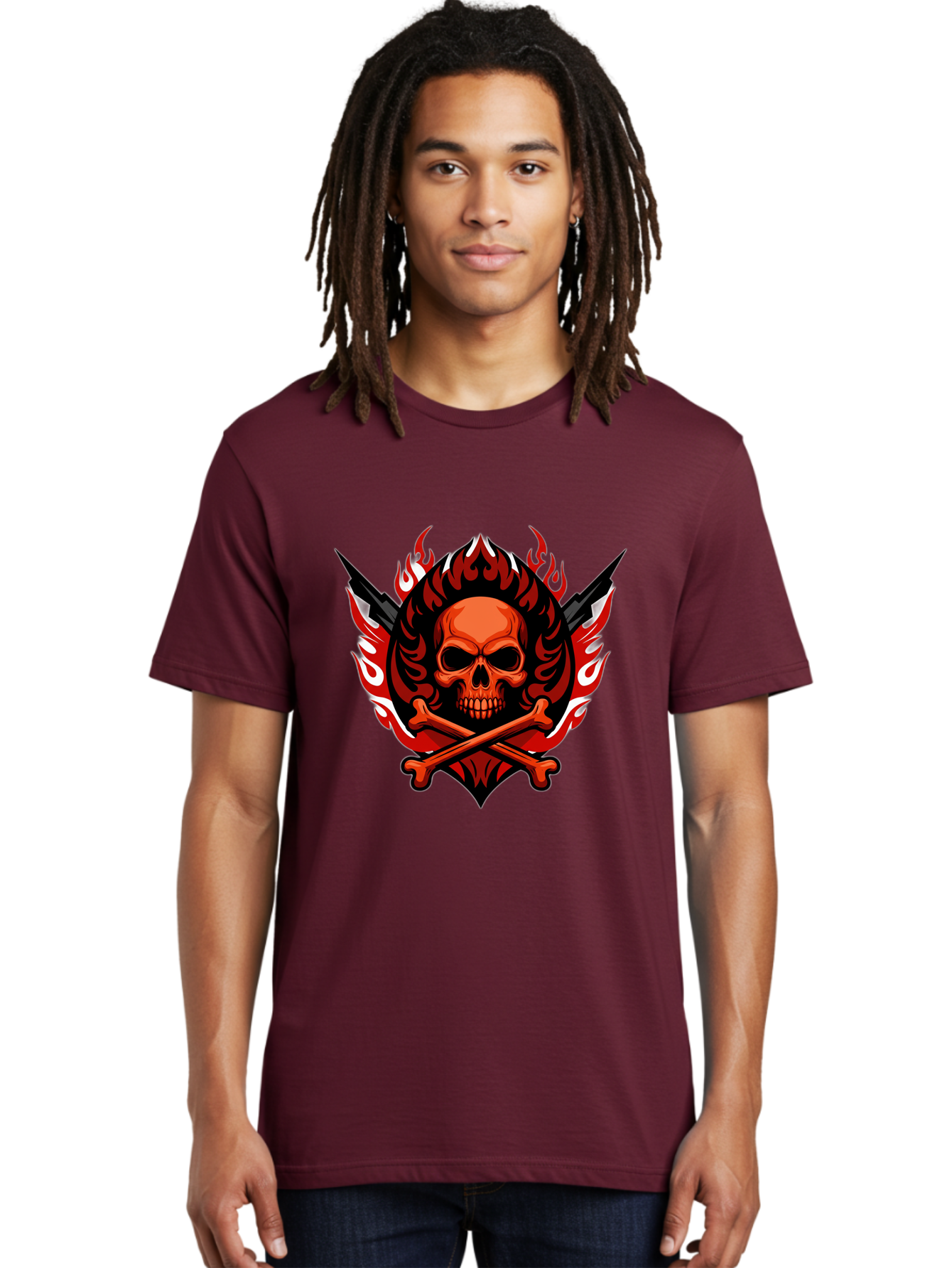 Skull-And-Crossbones-Jolly-Roger Men'S Graphic Tee, 100% Cotton, Comfortable Casual Summer Wear, Machine Washable, Skull And Crossbones, Fiery Design, Daggers, Skull Art, Crossbones Symbol, Bold Graphics, Edgy Style, Gothic Elements Bae277 24
