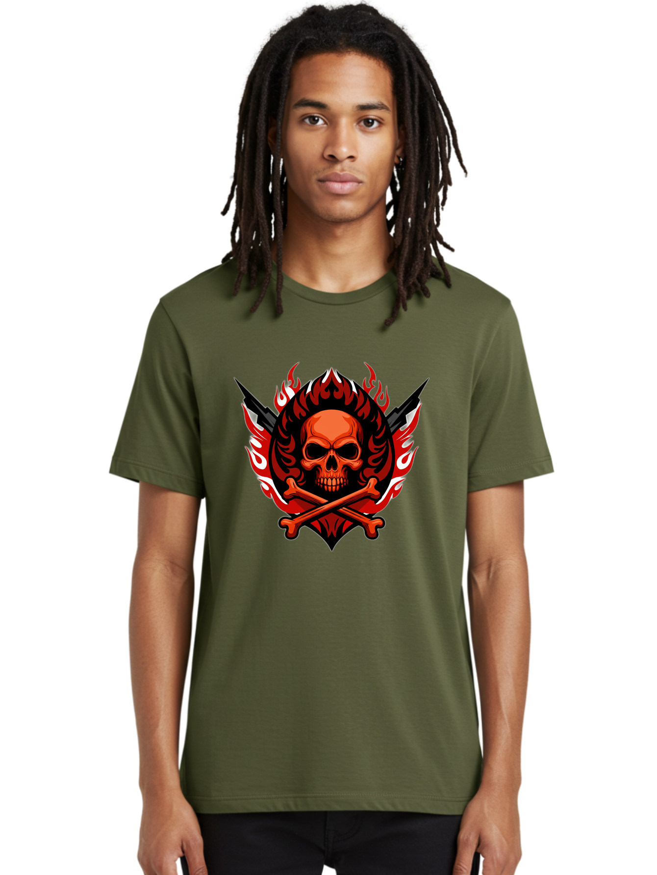 Skull-And-Crossbones-Jolly-Roger Men'S Graphic Tee, 100% Cotton, Comfortable Casual Summer Wear, Machine Washable, Skull And Crossbones, Fiery Design, Daggers, Skull Art, Crossbones Symbol, Bold Graphics, Edgy Style, Gothic Elements Bae277 21