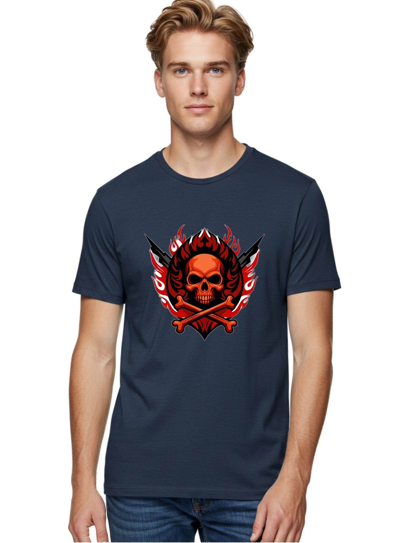 Skull-And-Crossbones-Jolly-Roger Men'S Graphic Tee, 100% Cotton, Comfortable Casual Summer Wear, Machine Washable, Skull And Crossbones, Fiery Design, Daggers, Skull Art, Crossbones Symbol, Bold Graphics, Edgy Style, Gothic Elements Bae277 27