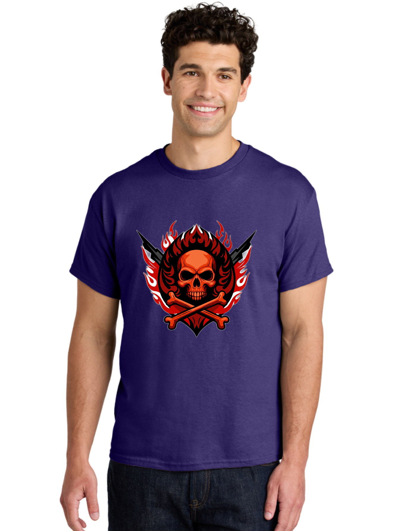 Skull-And-Crossbones-Jolly-Roger Men'S Graphic Tee, 100% Cotton, Comfortable Casual Summer Wear, Machine Washable, Skull And Crossbones, Fiery Design, Daggers, Skull Art, Crossbones Symbol, Bold Graphics, Edgy Style, Gothic Elements Bae277 16