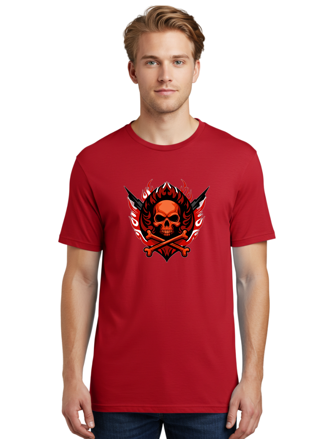Skull-And-Crossbones-Jolly-Roger Men'S Graphic Tee, 100% Cotton, Comfortable Casual Summer Wear, Machine Washable, Skull And Crossbones, Fiery Design, Daggers, Skull Art, Crossbones Symbol, Bold Graphics, Edgy Style, Gothic Elements Bae277 29