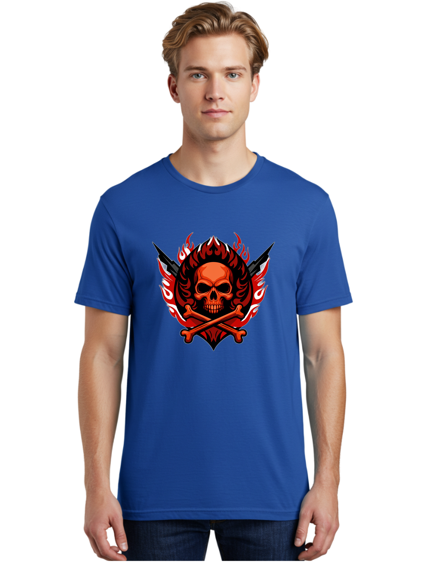 Skull-And-Crossbones-Jolly-Roger Men'S Graphic Tee, 100% Cotton, Comfortable Casual Summer Wear, Machine Washable, Skull And Crossbones, Fiery Design, Daggers, Skull Art, Crossbones Symbol, Bold Graphics, Edgy Style, Gothic Elements Bae277 30