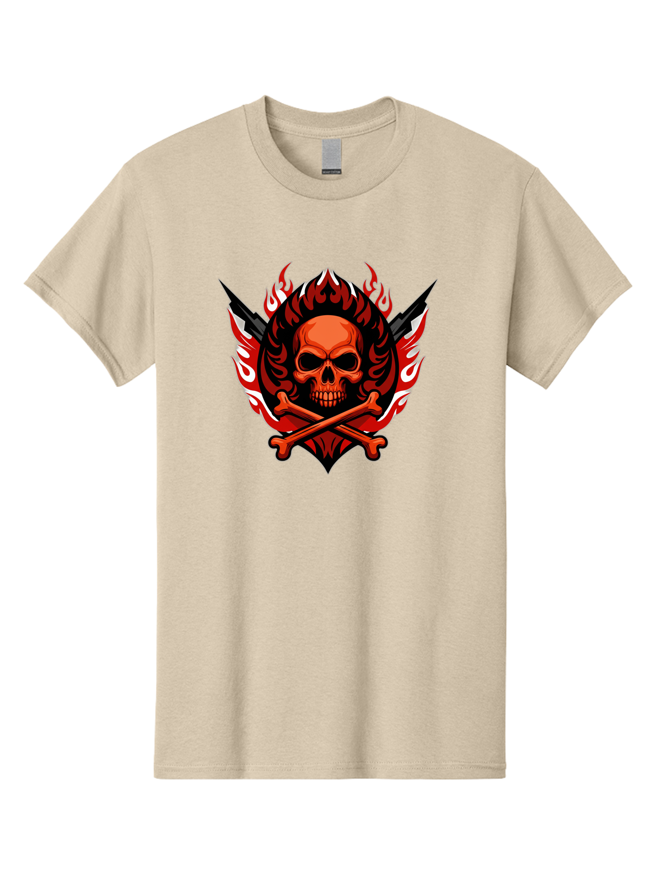 Skull-And-Crossbones-Jolly-Roger Men'S Graphic Tee, 100% Cotton, Comfortable Casual Summer Wear, Machine Washable, Skull And Crossbones, Fiery Design, Daggers, Skull Art, Crossbones Symbol, Bold Graphics, Edgy Style, Gothic Elements Bae277 5