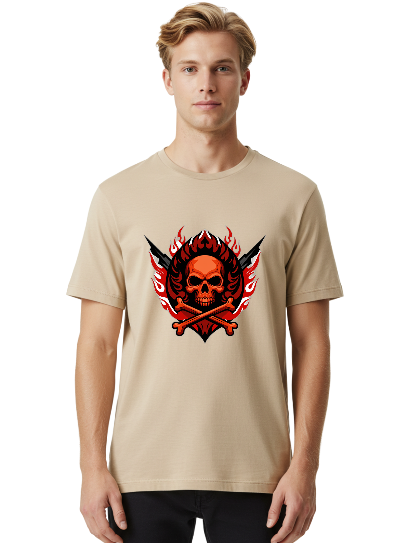 Skull-And-Crossbones-Jolly-Roger Men'S Graphic Tee, 100% Cotton, Comfortable Casual Summer Wear, Machine Washable, Skull And Crossbones, Fiery Design, Daggers, Skull Art, Crossbones Symbol, Bold Graphics, Edgy Style, Gothic Elements Bae277 20