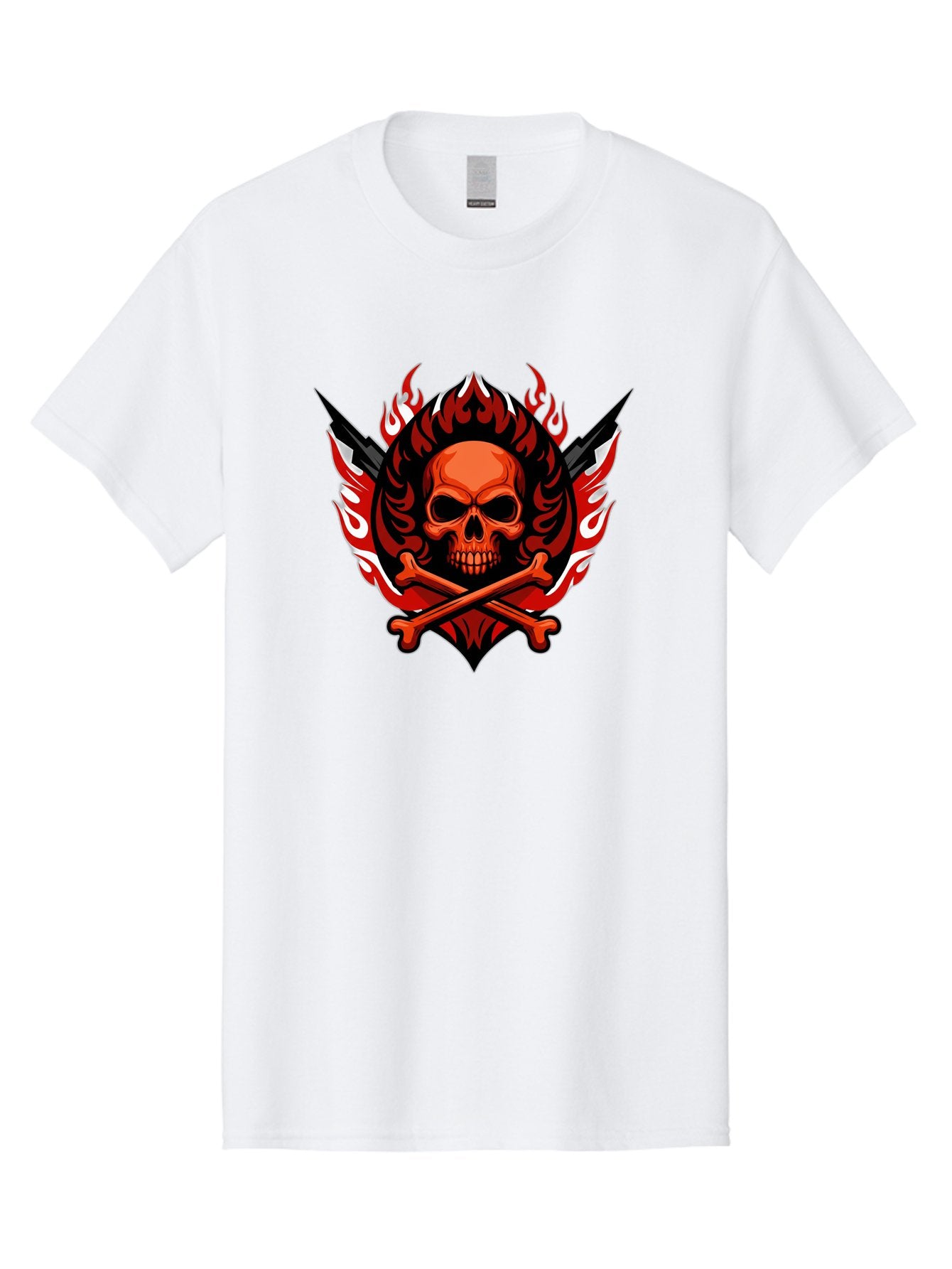 Skull-And-Crossbones-Jolly-Roger Men'S Graphic Tee, 100% Cotton, Comfortable Casual Summer Wear, Machine Washable, Skull And Crossbones, Fiery Design, Daggers, Skull Art, Crossbones Symbol, Bold Graphics, Edgy Style, Gothic Elements Bae277 5
