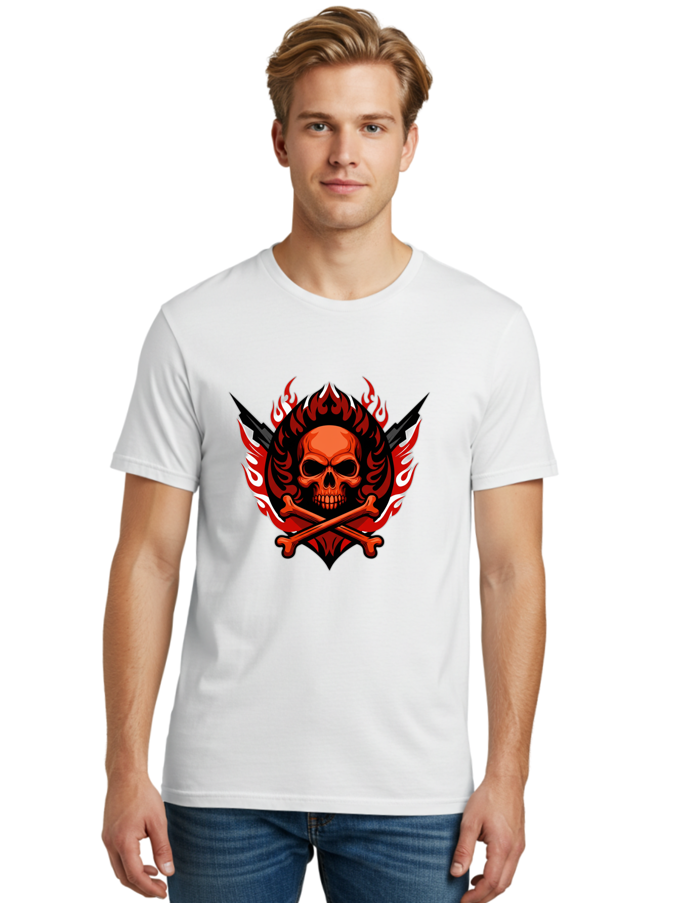 Skull-And-Crossbones-Jolly-Roger Men'S Graphic Tee, 100% Cotton, Comfortable Casual Summer Wear, Machine Washable, Skull And Crossbones, Fiery Design, Daggers, Skull Art, Crossbones Symbol, Bold Graphics, Edgy Style, Gothic Elements Bae277 23