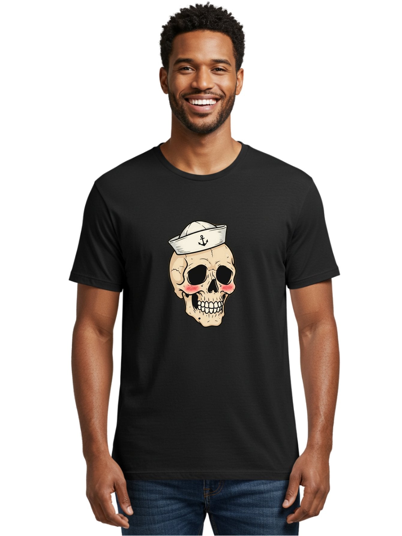 Skull-Sailor Men'S Graphic Tee, 100% Cotton, Comfortable Casual Summer Wear, Machine Washable, Skull Wearing Sailor Hat, Anchor Emblem, Cartoonish Grinning Skull, Nautical Theme, Kawaii Skull, Sailor Skull, Mermaid Skull, Skeleton Face, Bae278 16