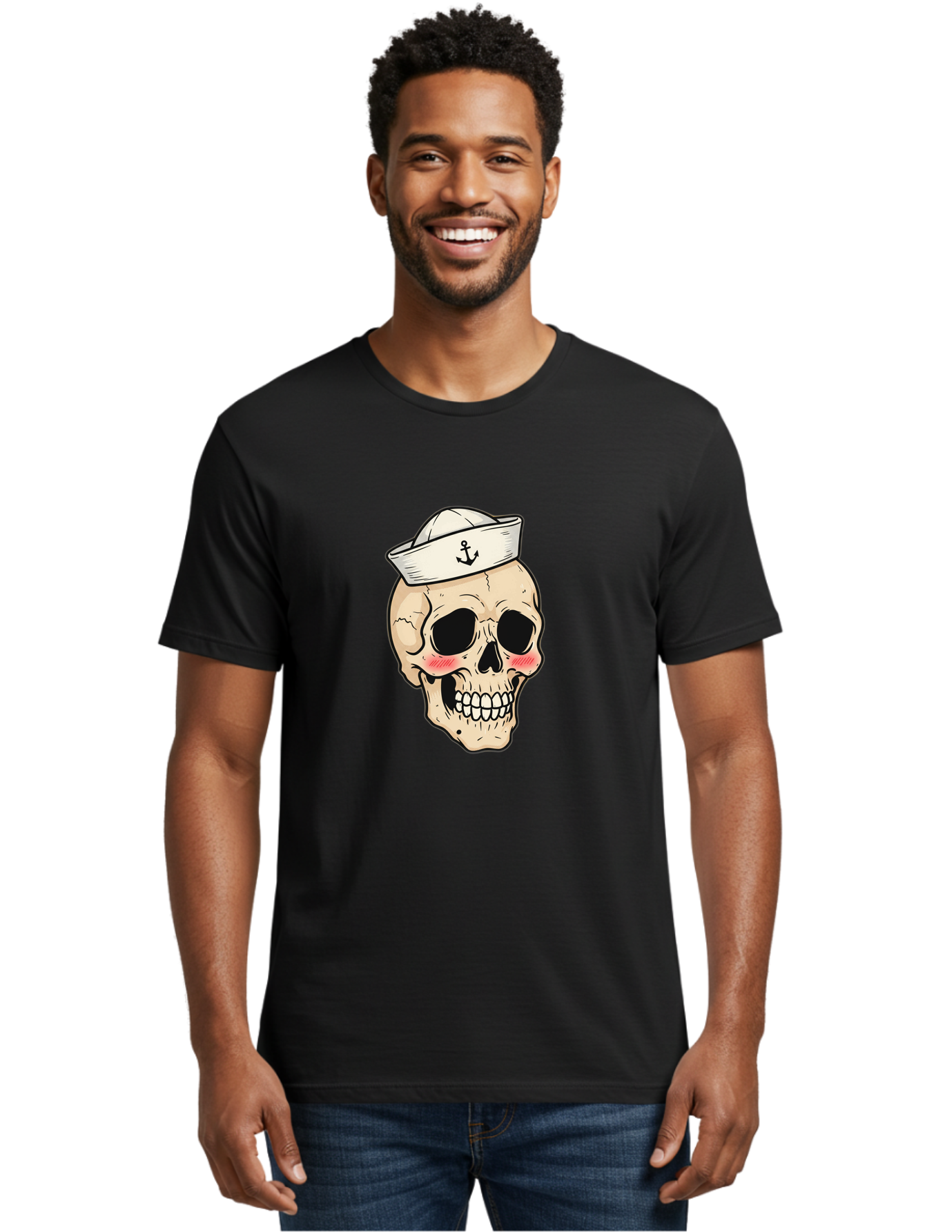 Skull-Sailor Men'S Graphic Tee, 100% Cotton, Comfortable Casual Summer Wear, Machine Washable, Skull Wearing Sailor Hat, Anchor Emblem, Cartoonish Grinning Skull, Nautical Theme, Kawaii Skull, Sailor Skull, Mermaid Skull, Skeleton Face, Bae278 28