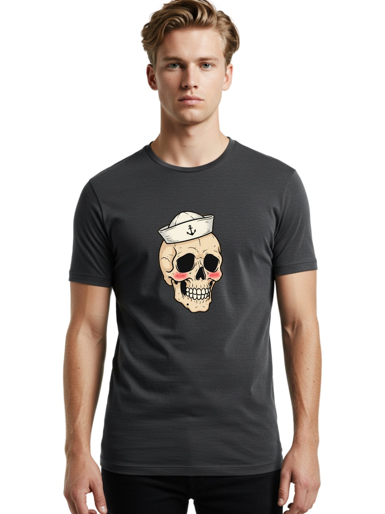 Skull-Sailor Men'S Graphic Tee, 100% Cotton, Comfortable Casual Summer Wear, Machine Washable, Skull Wearing Sailor Hat, Anchor Emblem, Cartoonish Grinning Skull, Nautical Theme, Kawaii Skull, Sailor Skull, Mermaid Skull, Skeleton Face, Bae278 23