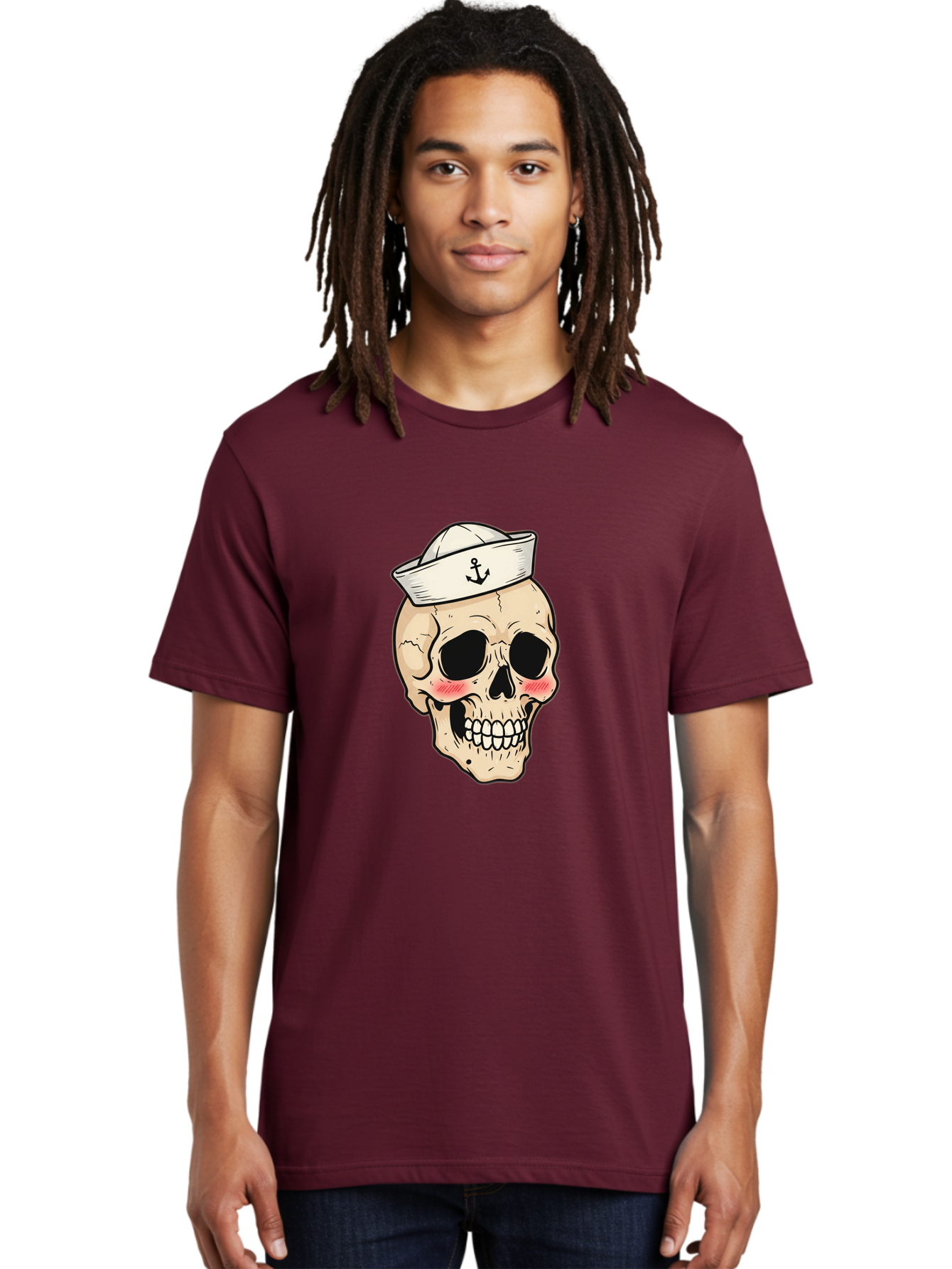Skull-Sailor Men'S Graphic Tee, 100% Cotton, Comfortable Casual Summer Wear, Machine Washable, Skull Wearing Sailor Hat, Anchor Emblem, Cartoonish Grinning Skull, Nautical Theme, Kawaii Skull, Sailor Skull, Mermaid Skull, Skeleton Face, Bae278 24