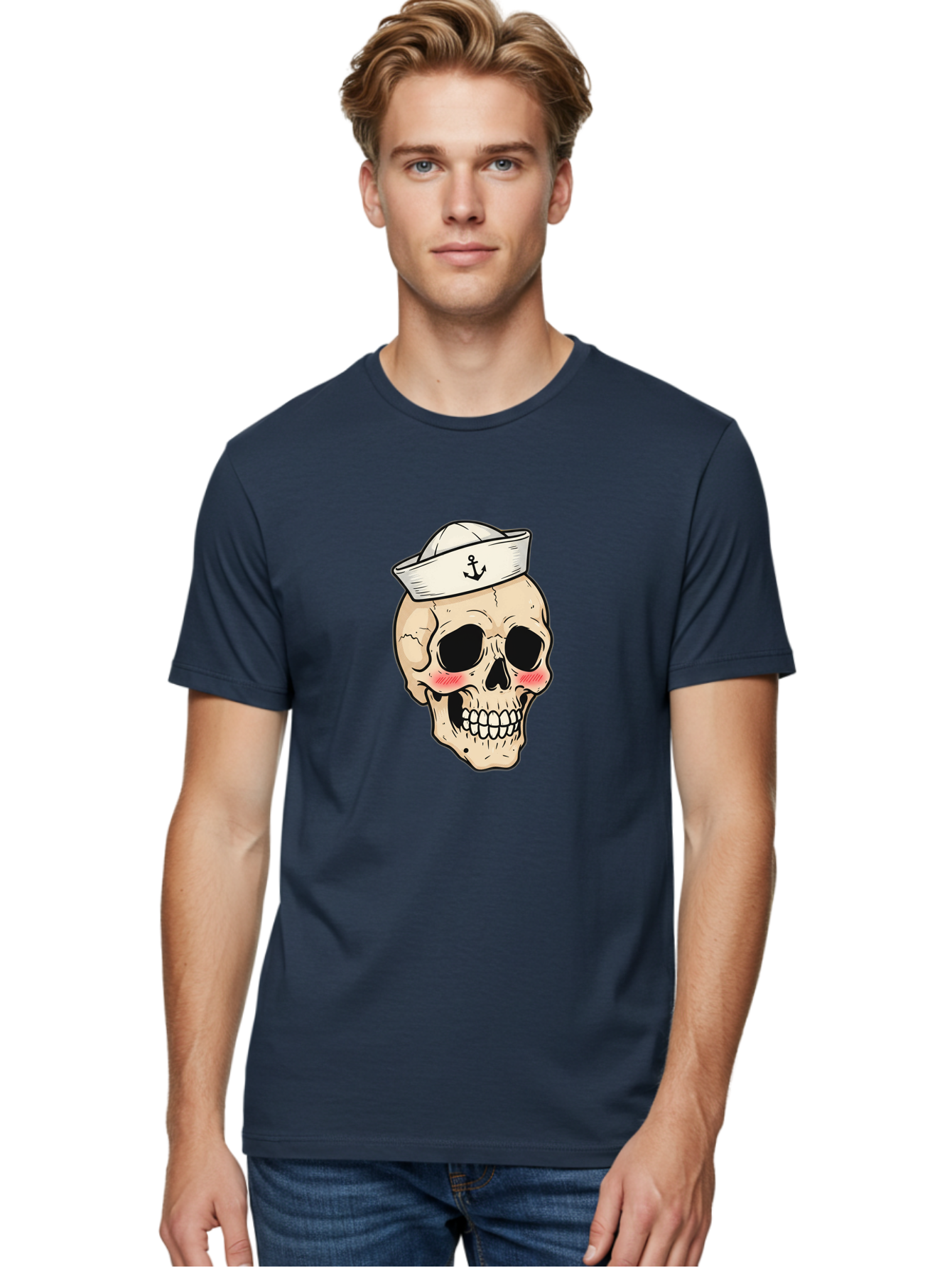 Skull-Sailor Men'S Graphic Tee, 100% Cotton, Comfortable Casual Summer Wear, Machine Washable, Skull Wearing Sailor Hat, Anchor Emblem, Cartoonish Grinning Skull, Nautical Theme, Kawaii Skull, Sailor Skull, Mermaid Skull, Skeleton Face, Bae278 17