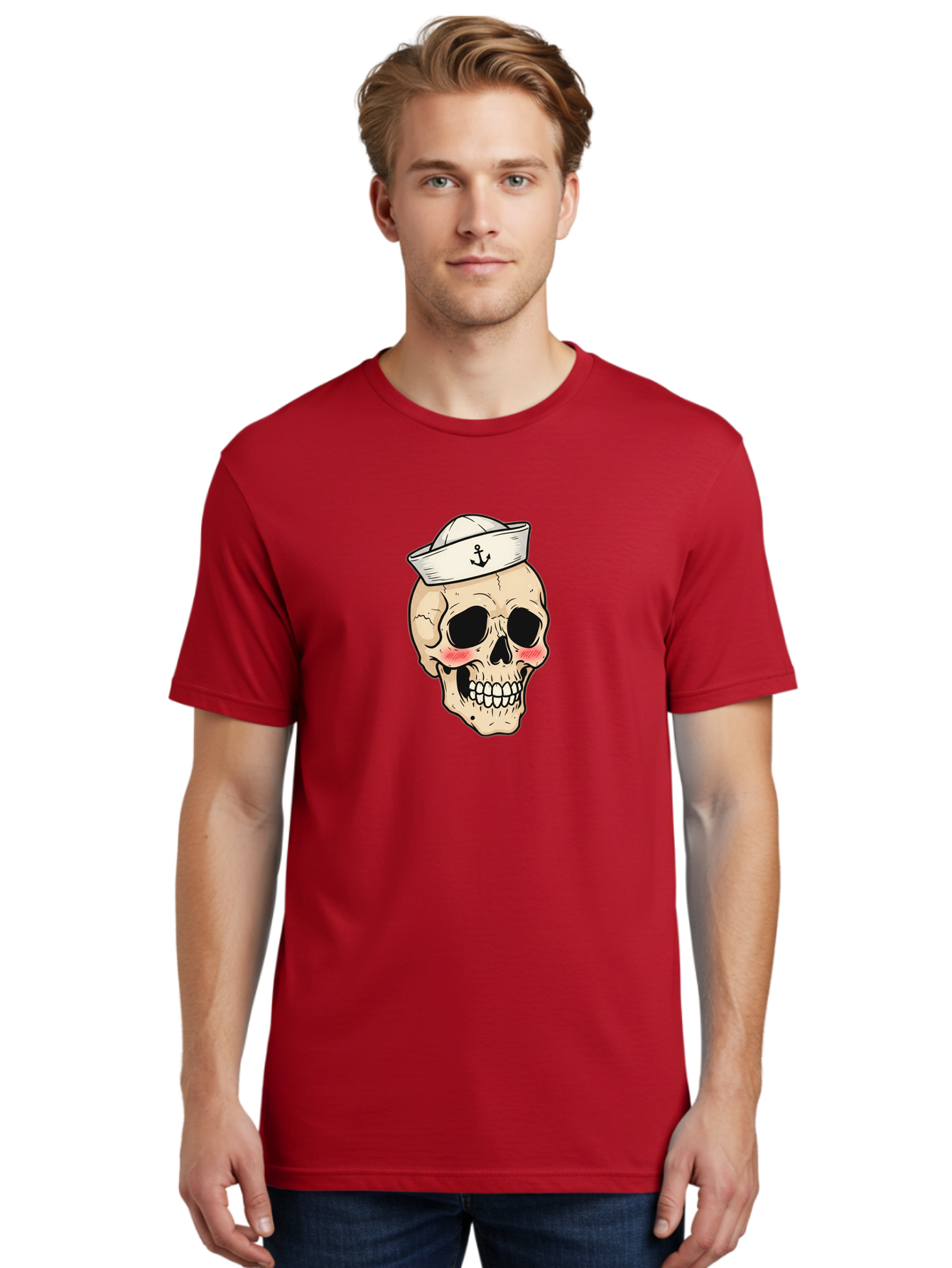 Skull-Sailor Men'S Graphic Tee, 100% Cotton, Comfortable Casual Summer Wear, Machine Washable, Skull Wearing Sailor Hat, Anchor Emblem, Cartoonish Grinning Skull, Nautical Theme, Kawaii Skull, Sailor Skull, Mermaid Skull, Skeleton Face, Bae278 30