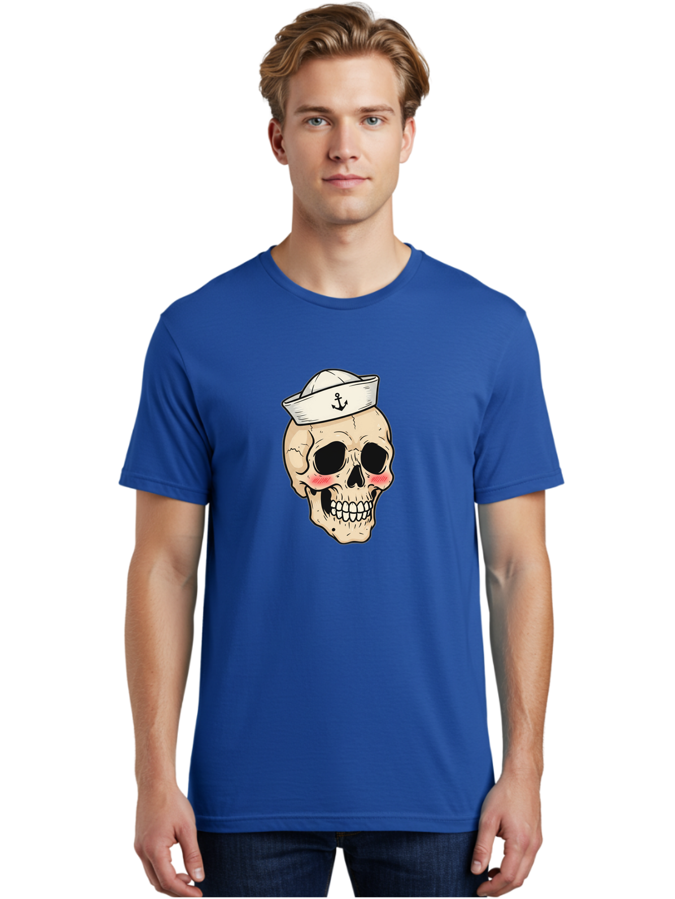 Skull-Sailor Men'S Graphic Tee, 100% Cotton, Comfortable Casual Summer Wear, Machine Washable, Skull Wearing Sailor Hat, Anchor Emblem, Cartoonish Grinning Skull, Nautical Theme, Kawaii Skull, Sailor Skull, Mermaid Skull, Skeleton Face, Bae278 25