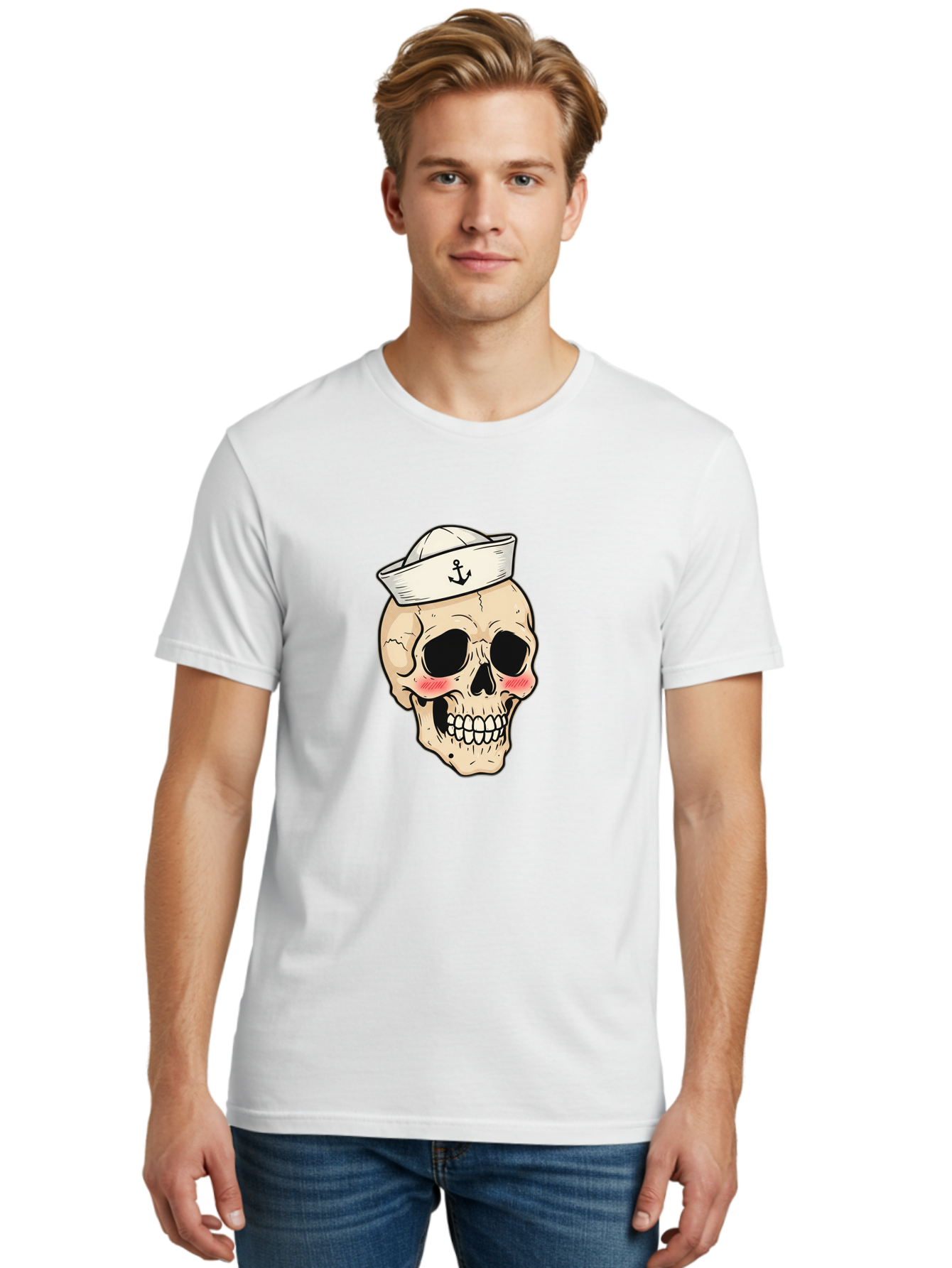 Skull-Sailor Men'S Graphic Tee, 100% Cotton, Comfortable Casual Summer Wear, Machine Washable, Skull Wearing Sailor Hat, Anchor Emblem, Cartoonish Grinning Skull, Nautical Theme, Kawaii Skull, Sailor Skull, Mermaid Skull, Skeleton Face, Bae278 20