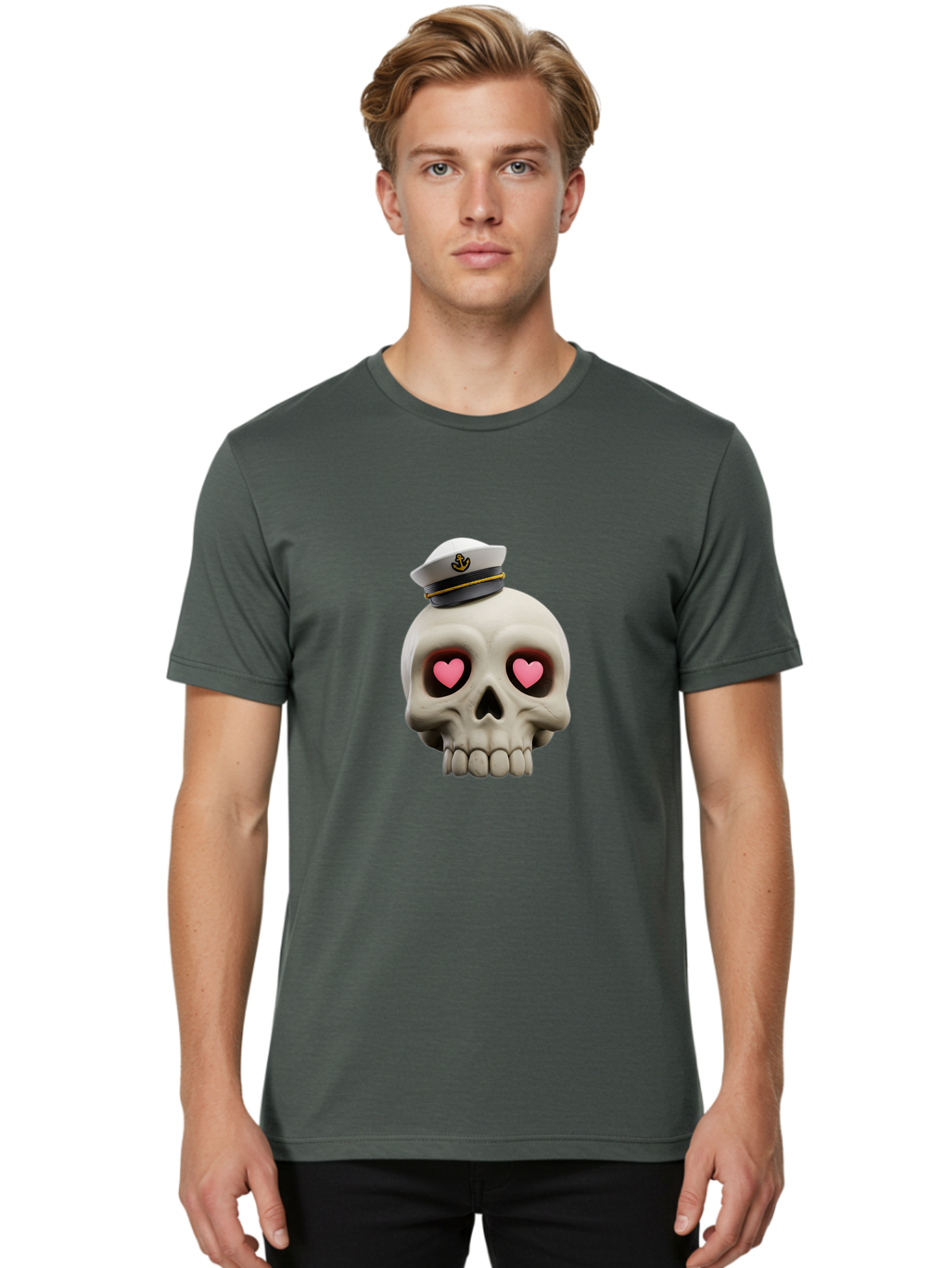 Skull-With-Captain-Hat Men'S Graphic Tee, 100% Cotton, Comfortable Casual Summer Wear, Machine Washable, Skull With Captain Hat, Heart Eyes, Nautical Theme, Halloween, Sugar Skull, Love, Pirate, Skull Art, Gothic, Skull Design Bae279 30